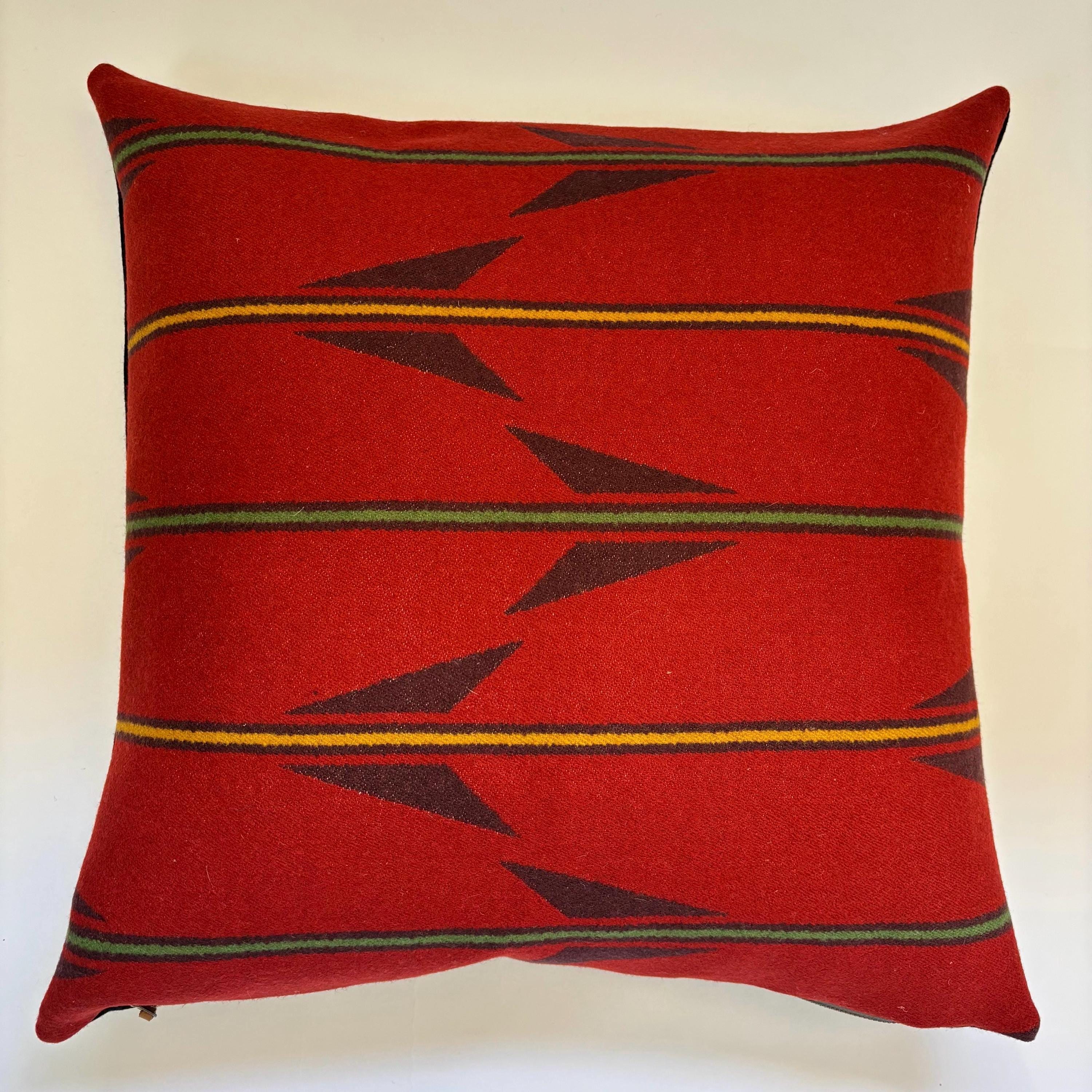Handcrafted Red Striped Wool Pillow Cover: Leather Zipper Pull