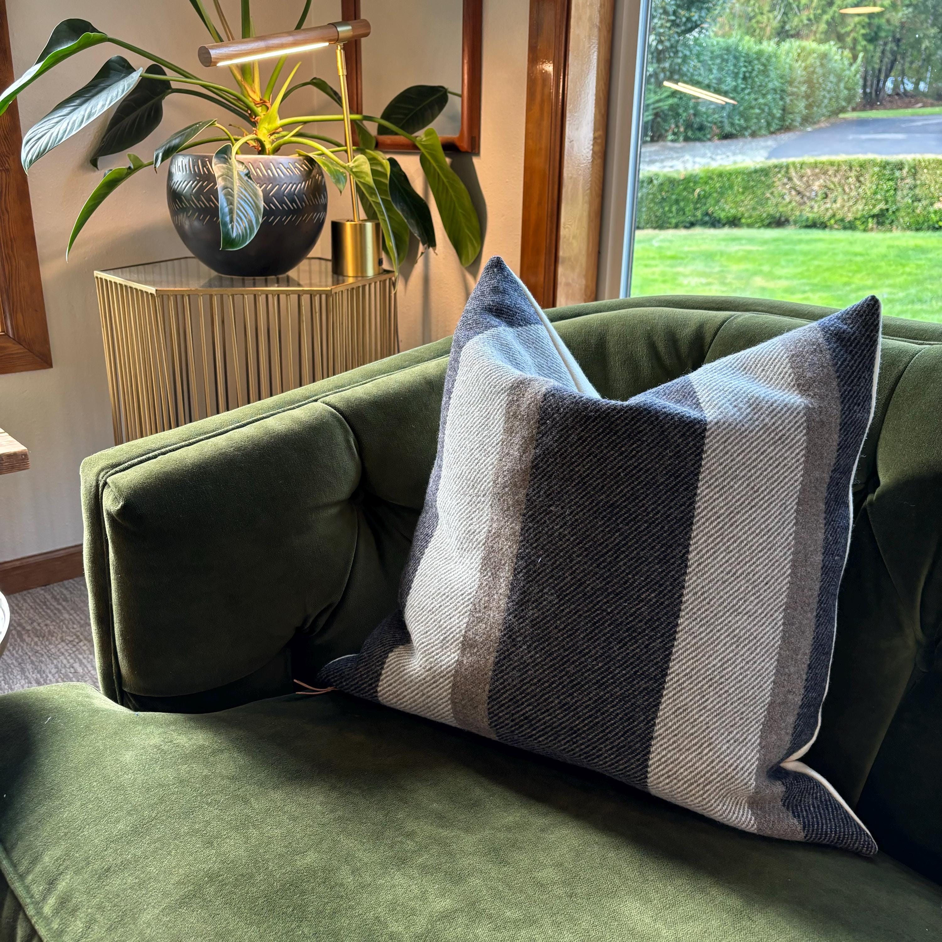 striped wool brown gray tan striped wool pillow cover exposed zipper-leather pull 14x24" 20"22"24"   handcrafted by misa