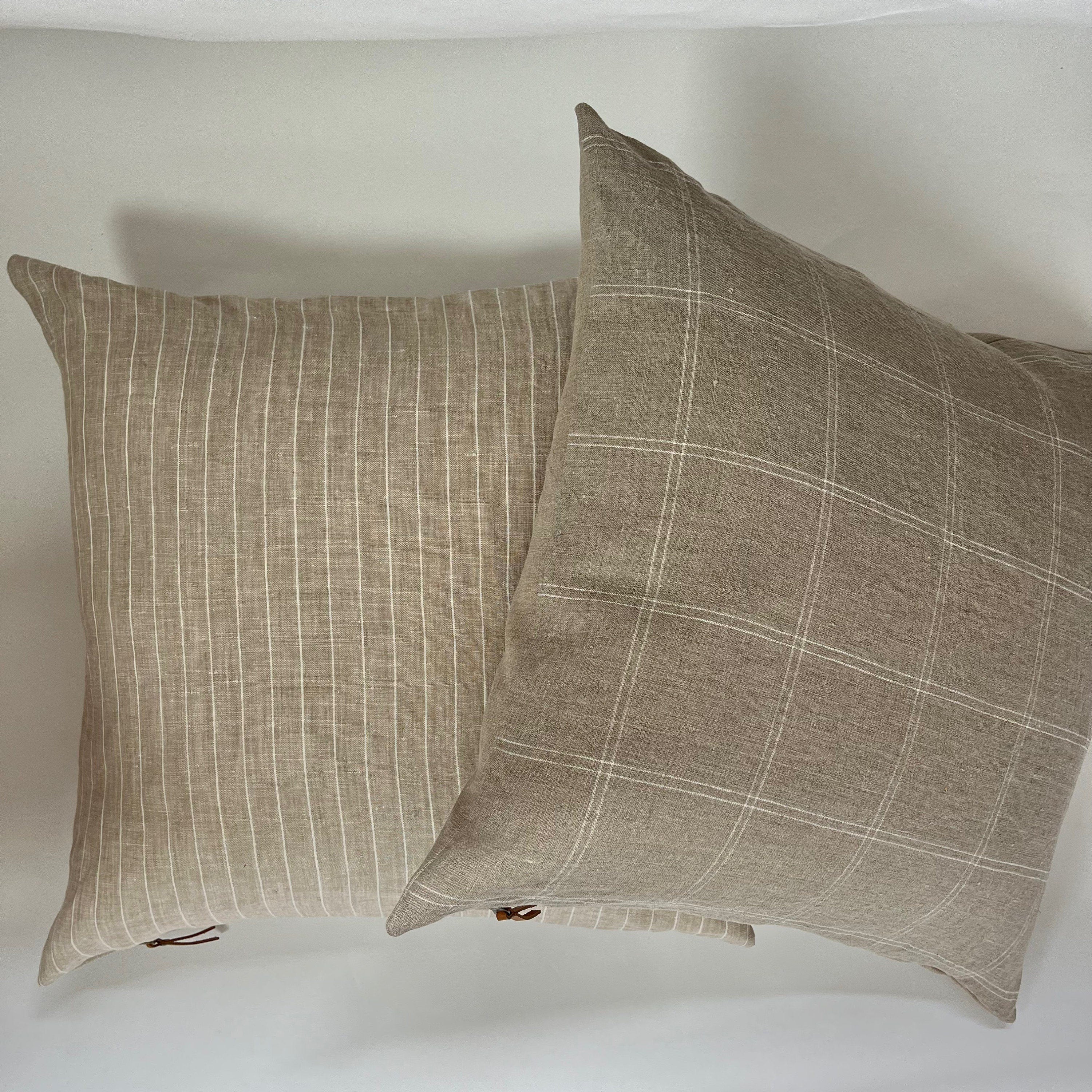 white and tan striped linen pillow cover exposed zipper-leather pull  20"22"24" 14x24 high quality 100% linen
