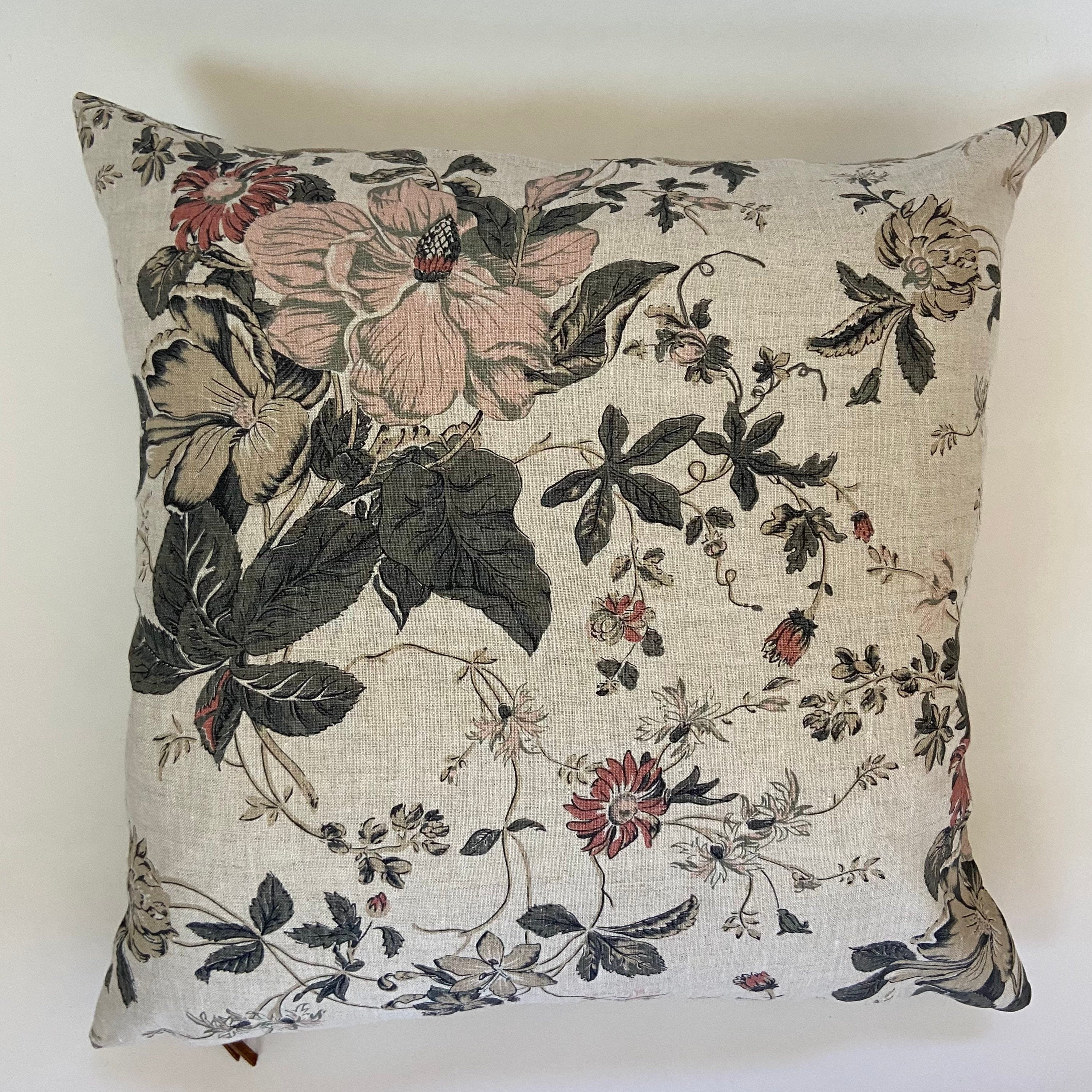 Pink floral linen pillow cover floral pillow exposed zipper-leather pull 14x24 20x20 22x22 24x24  high quality housewarming gift