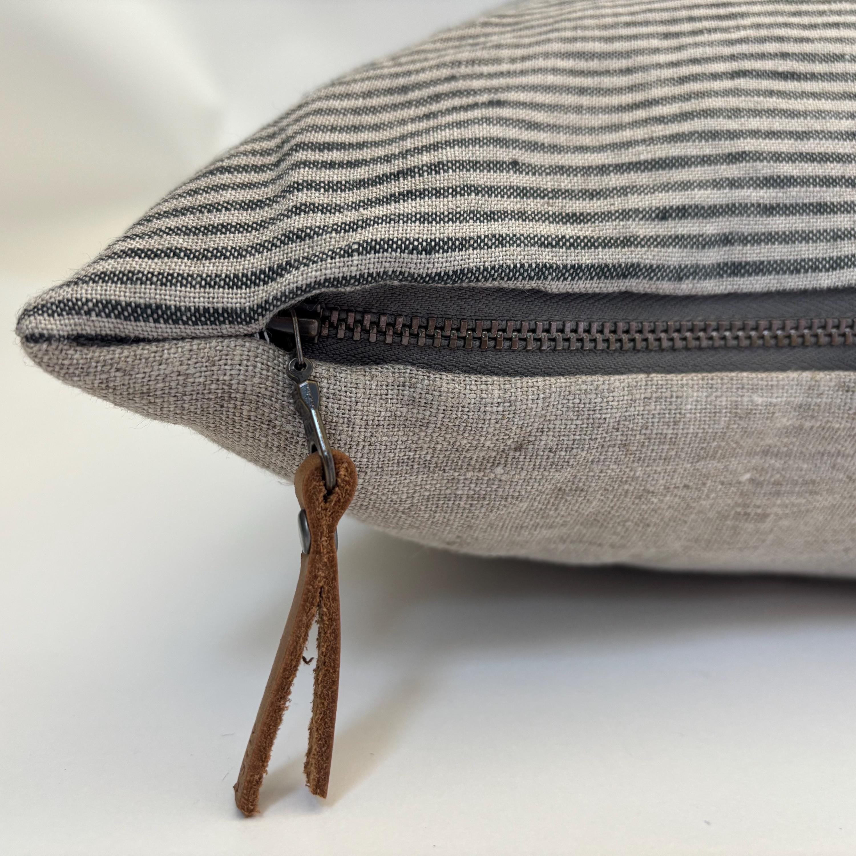 Striped Linen Pillow Cover: Black & Tan with Leather Zipper Pull