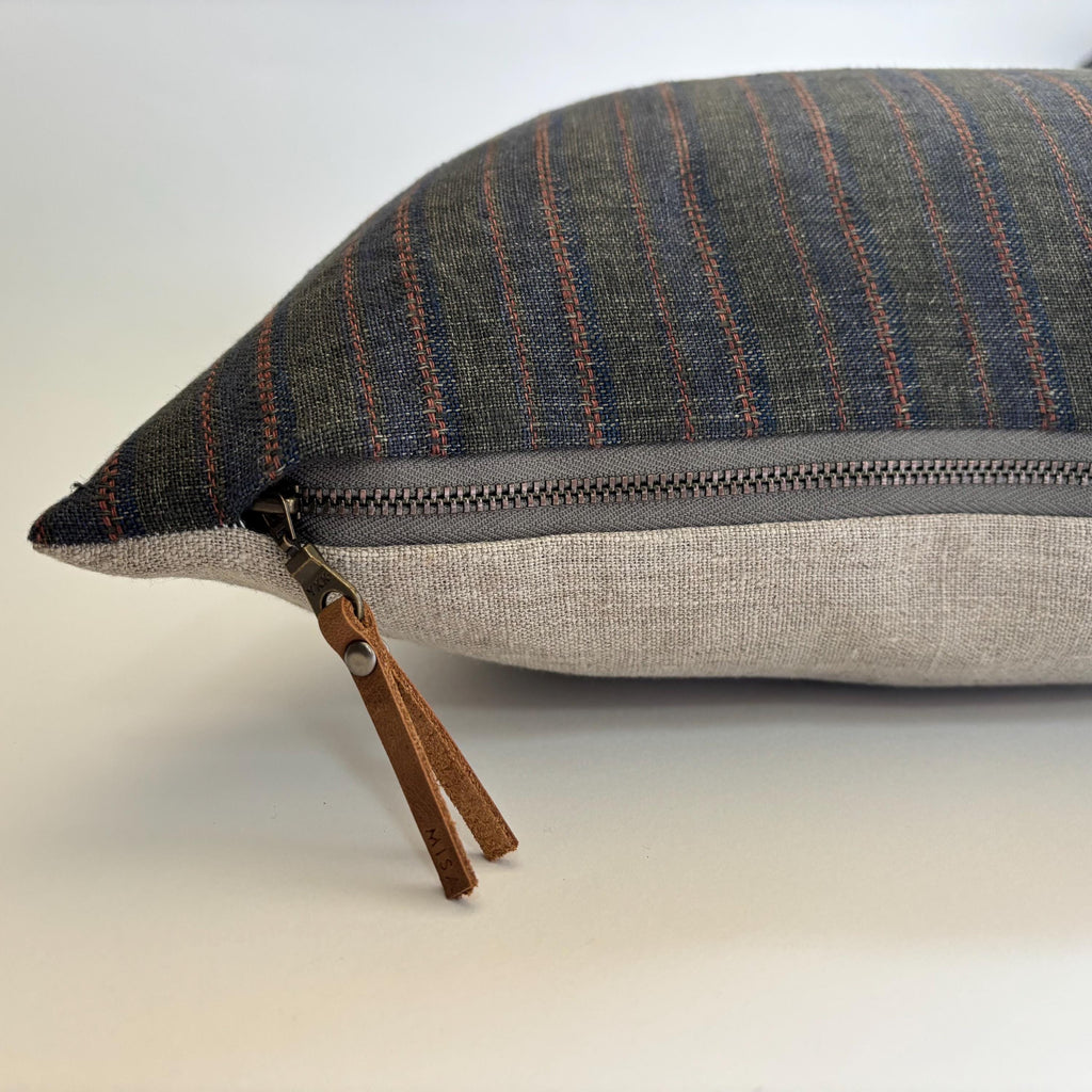 Striped Linen Pillow Cover: Green and blue with Leather Zipper Pull housewarming gift 18”20”22”24” 100 percent linen