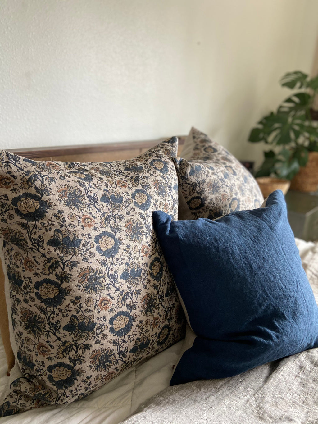 blue linen pillow cover cobalt pillow exposed zipper-leather pull 20”22” 24”14x24  high quality neutral Linen backing housewarming gift