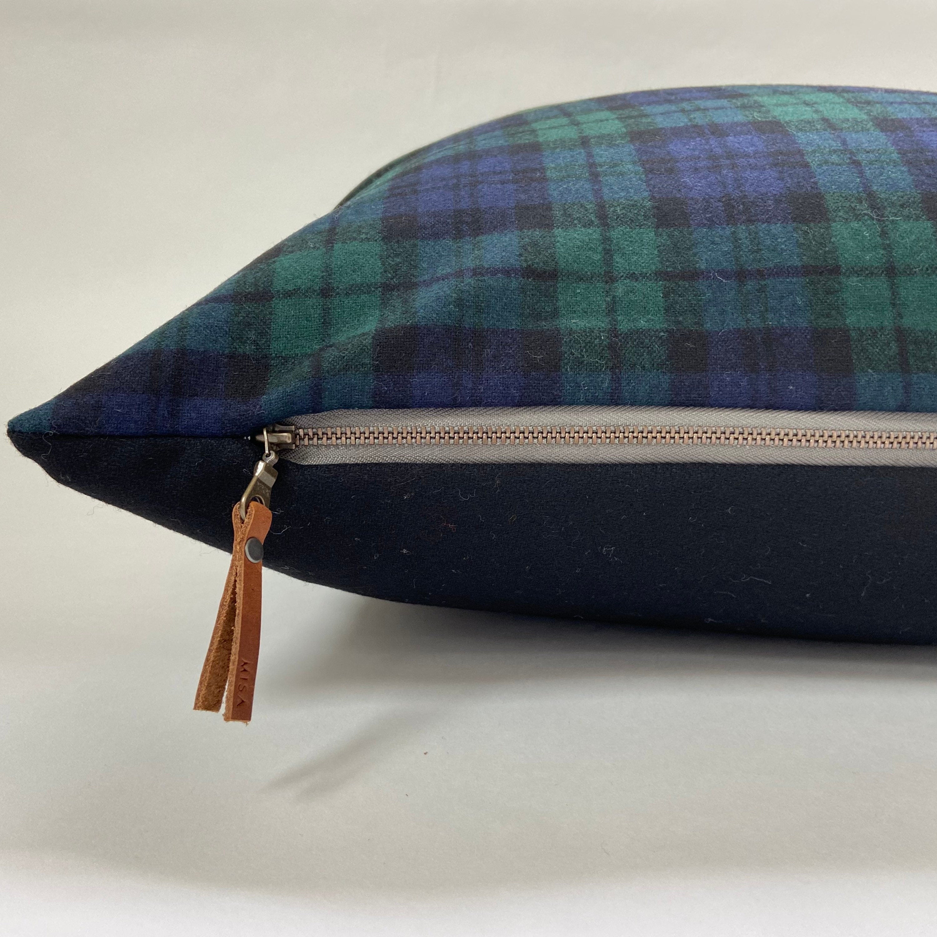 Handcrafted Navy & Green Plaid Wool Pillow Cover with Leather Pull