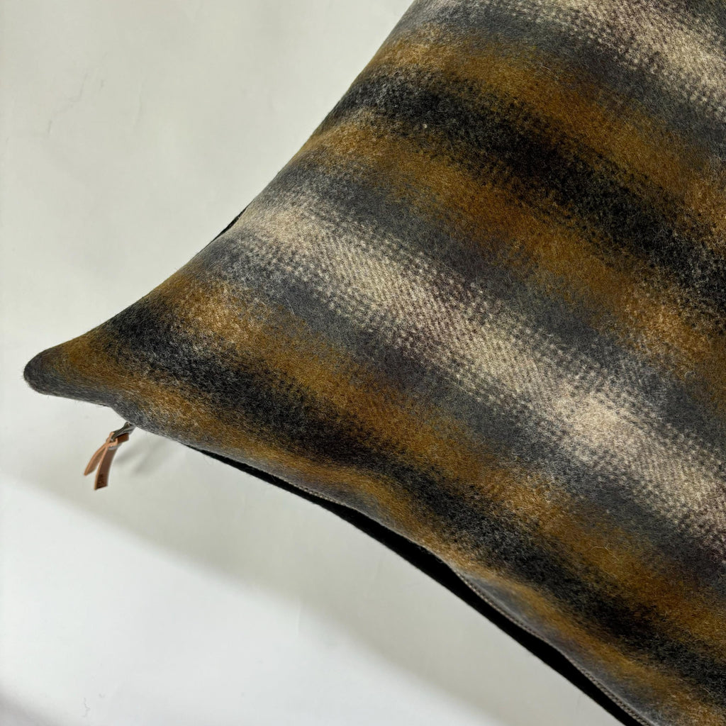 Wool Pillow Cover: Blue and tans Plaid Throw Pillow with Leather Pull