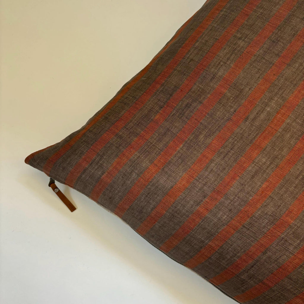 Handcrafted Striped Linen Pillow Cover: Brown Rust Accent, Exposed Zipper