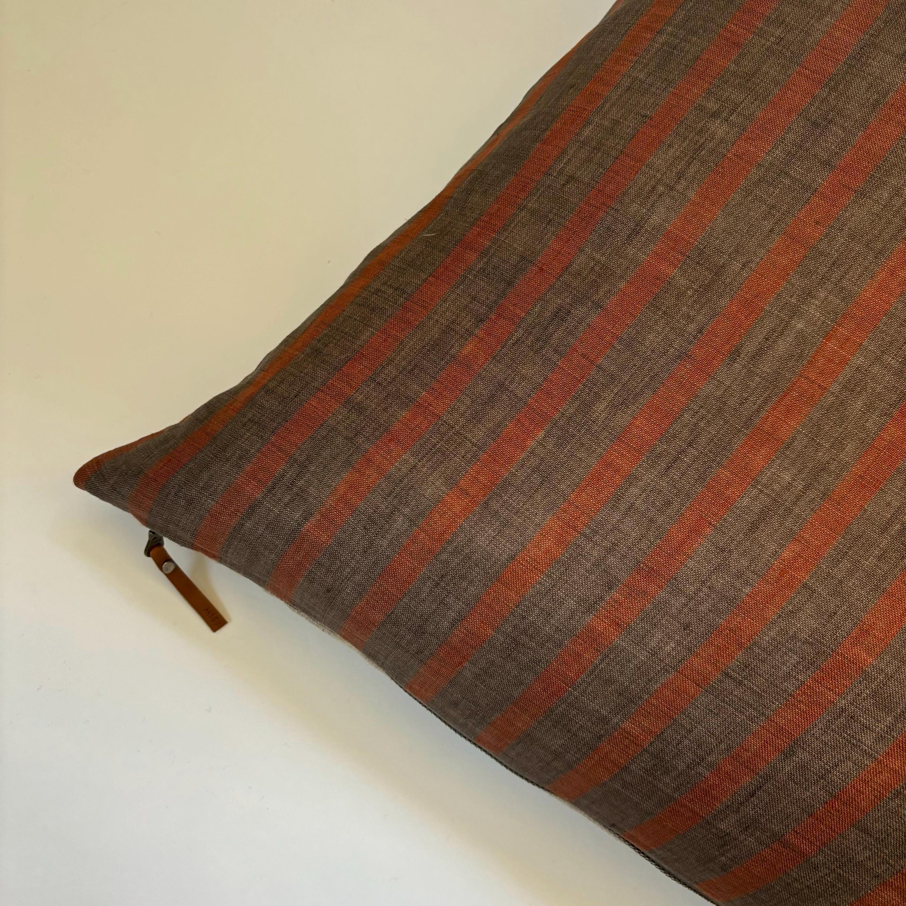 Handcrafted Striped Linen Pillow Cover: Brown Rust Accent, Exposed Zipper