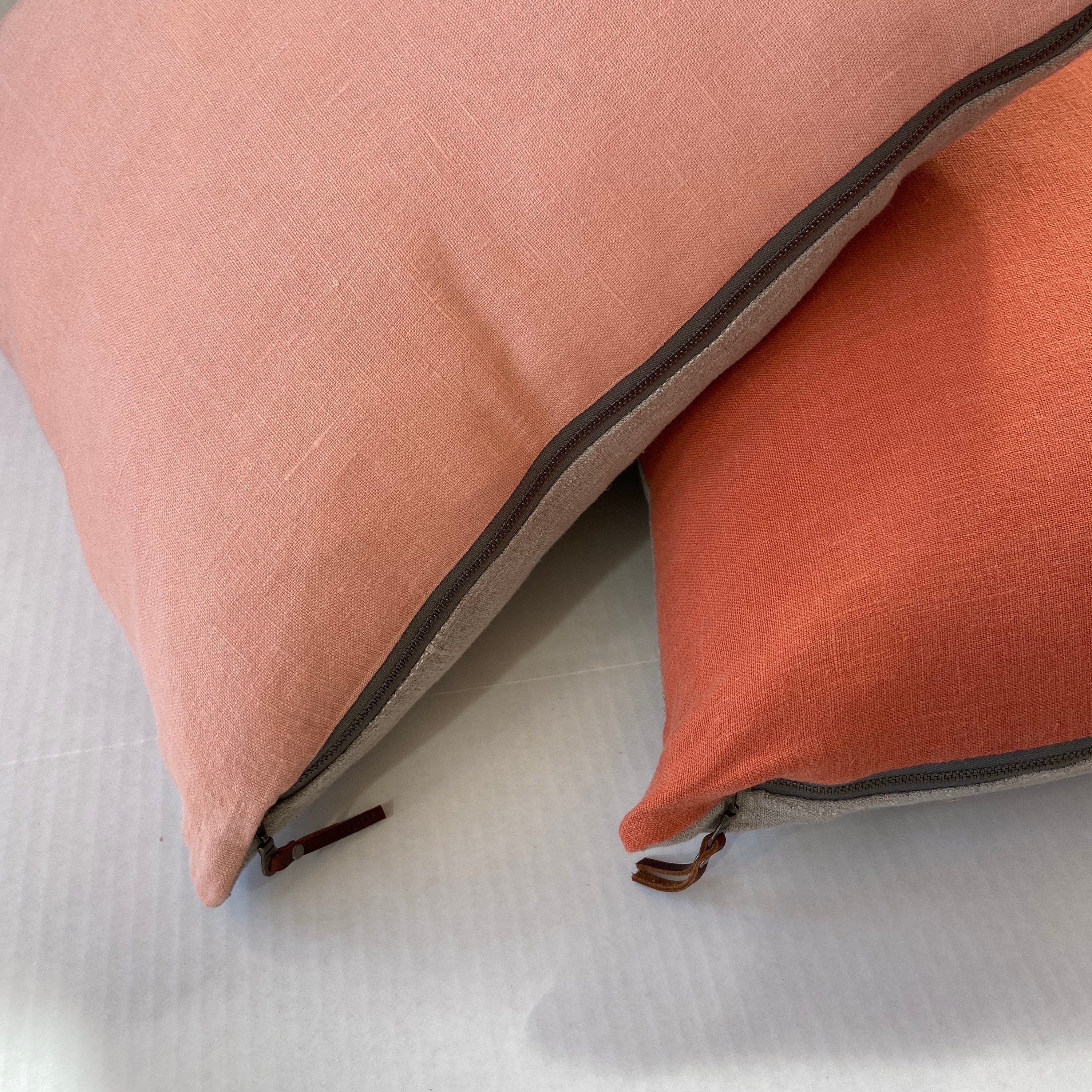 Peach linen pillow cover with neutral linen backing | exposed zipper leather pull 20”22"14x24”24" handcrafted by misa housewarming gift