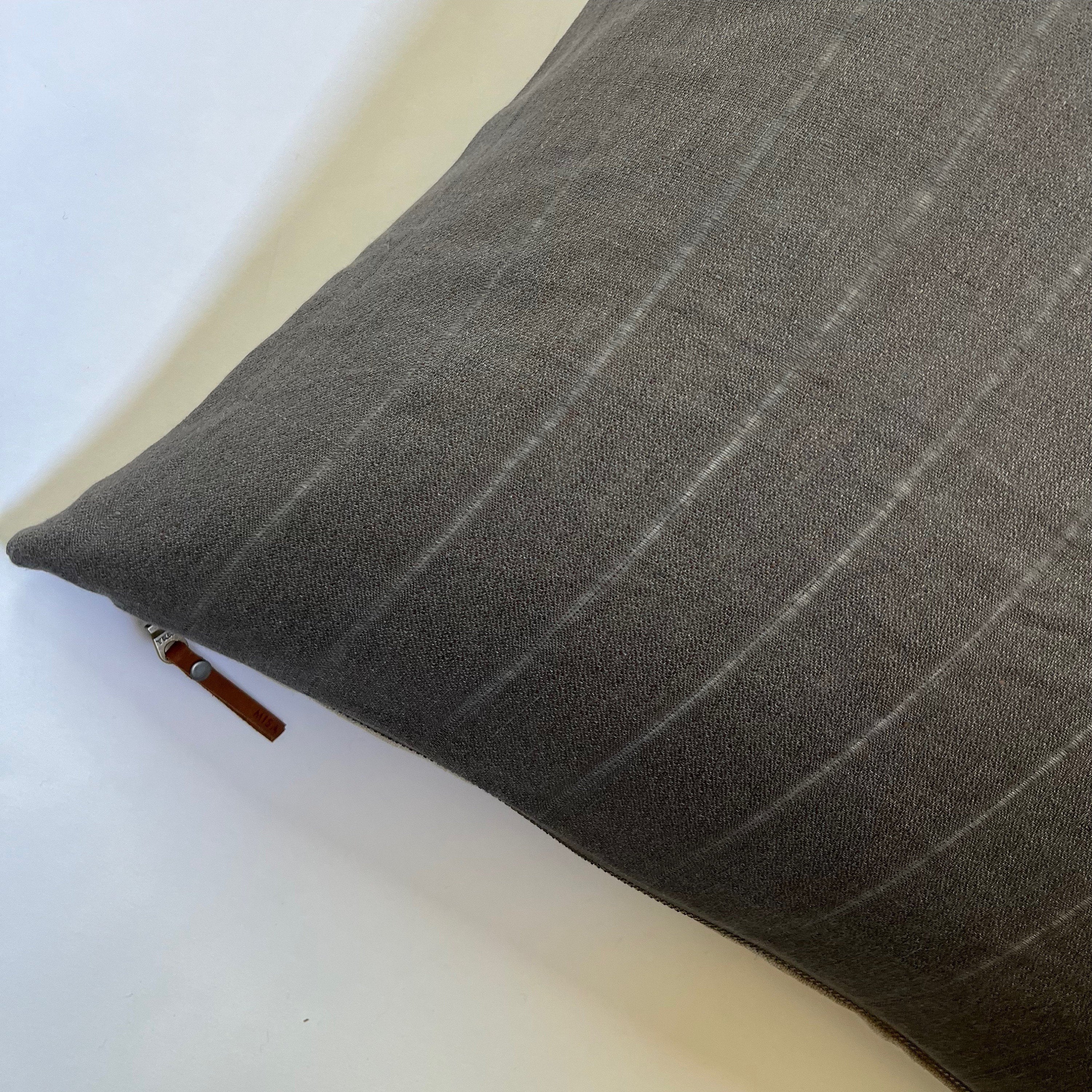 gray striped linen pillow gray pillow exposed zipper leather pull 24”20” 22"14x24” 100% linen housewarming gift