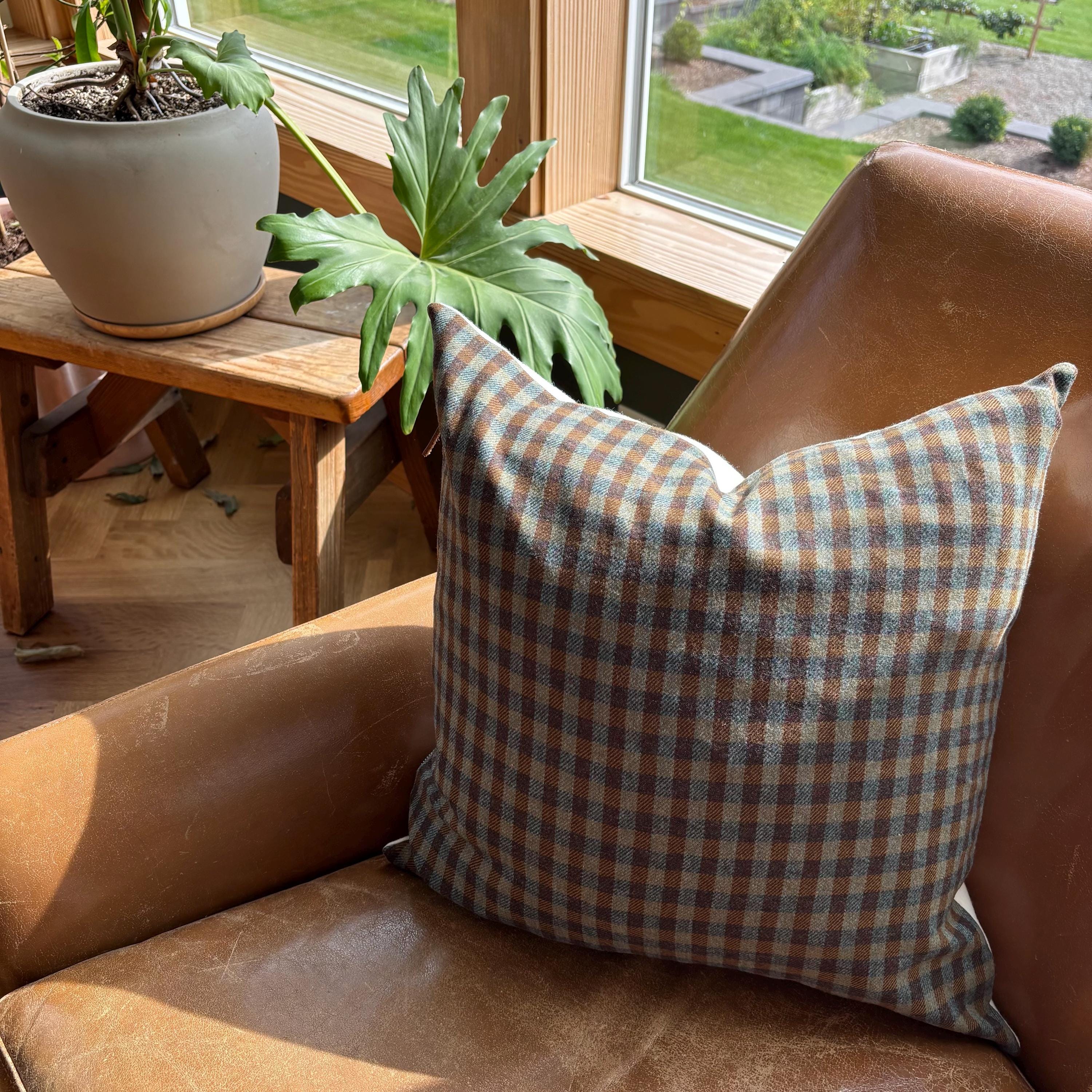 plaid pillow greens and browns wool fall pillow 18”20”22”24” 14x24 housewarming gift