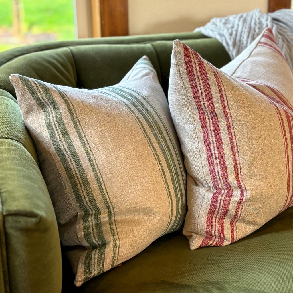 Green Striped Linen Pillow Cover: 18x18 Throw Pillow with Leather Pull