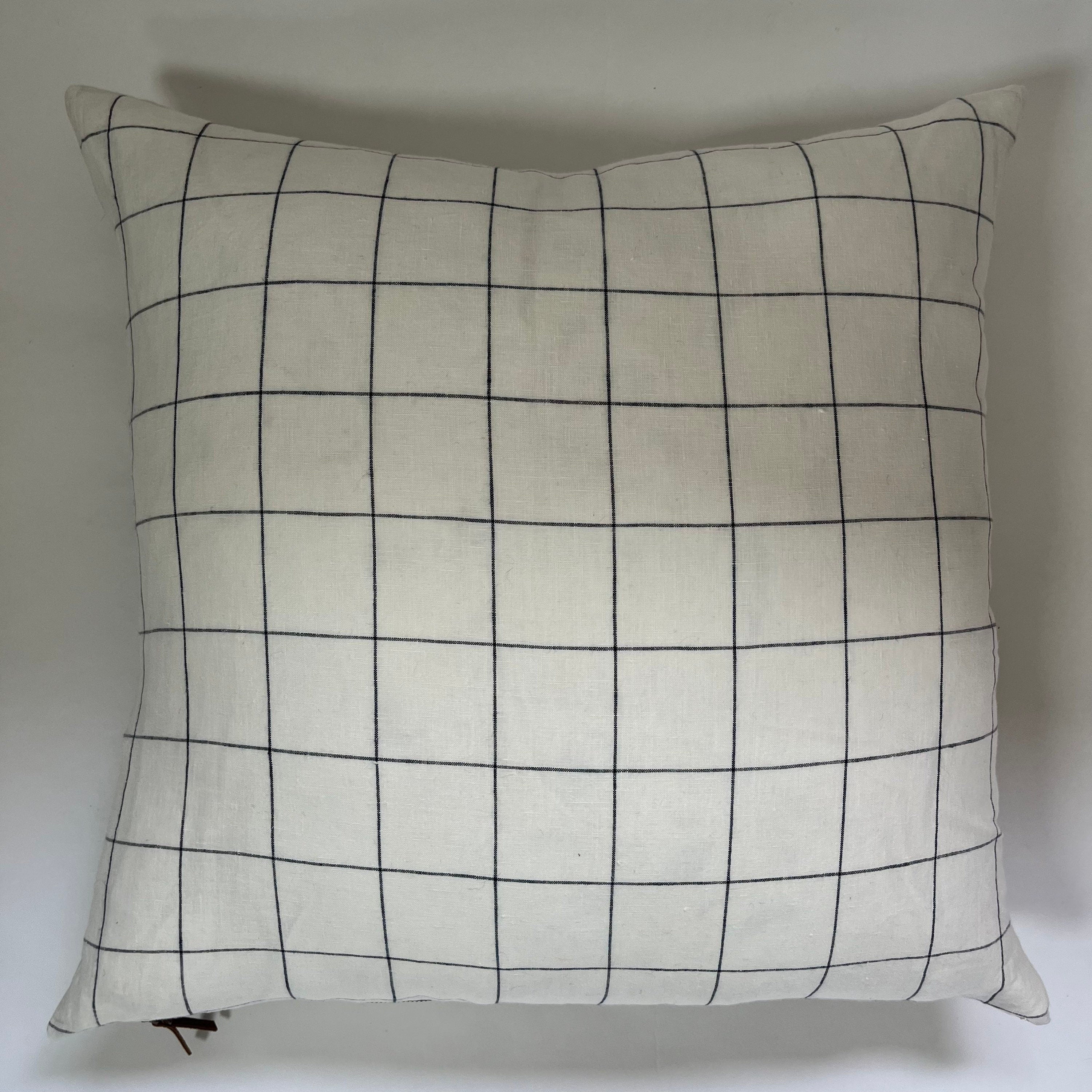 White and navy checked linen pillow cover white linen exposed zipper 18”20”22” 24” 24x24 housewarming gift 100% linen