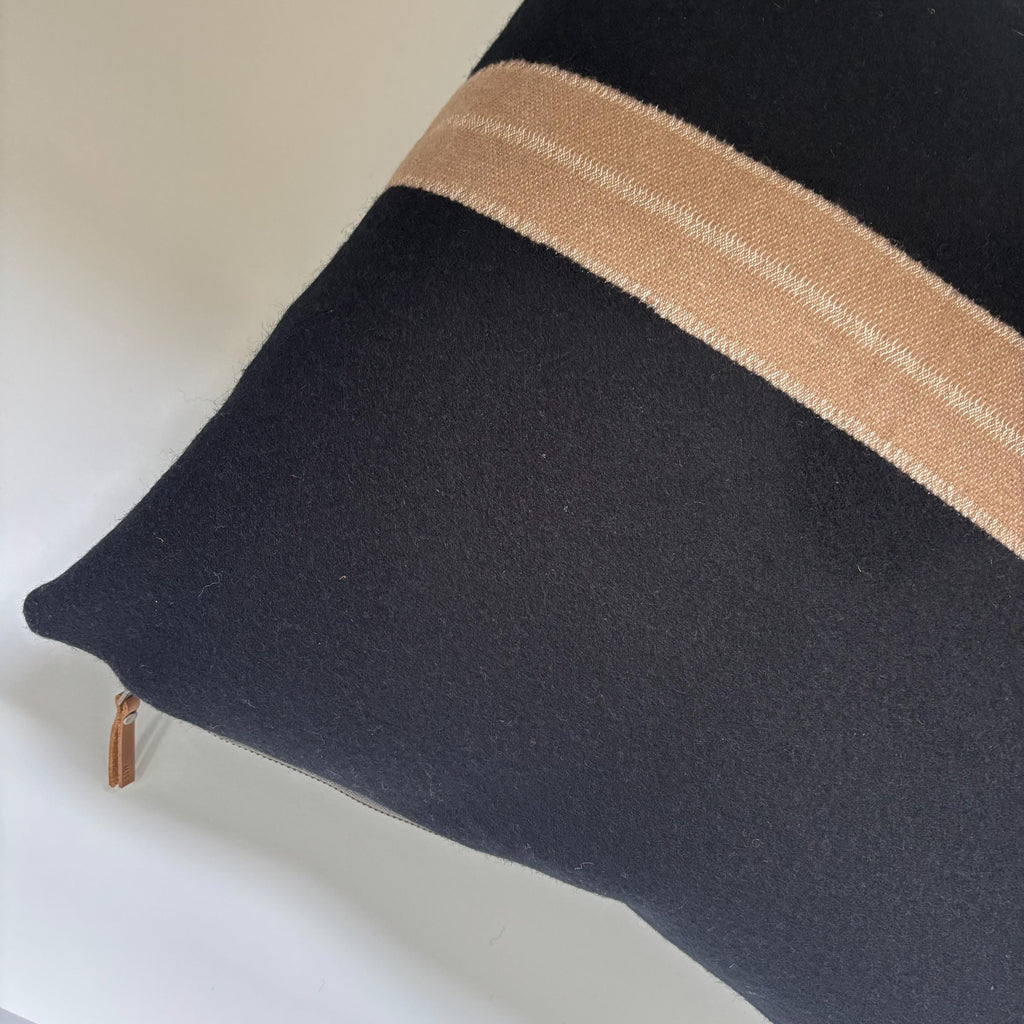 Black wool pillow with tan stripe 18” winter wool exposed zipper striped pillow housewarming gift
