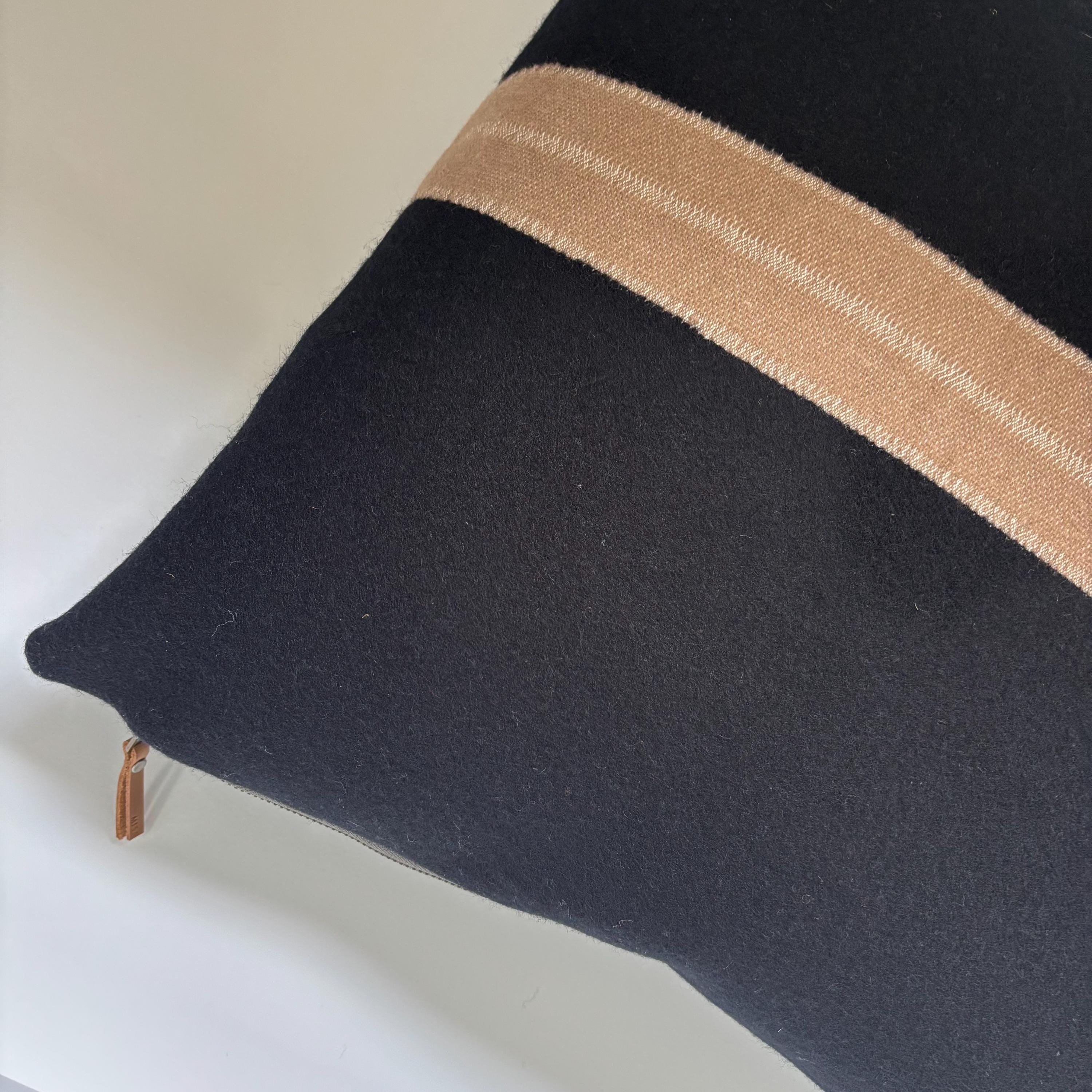 Black wool pillow with tan stripe 18” winter wool exposed zipper striped pillow housewarming gift