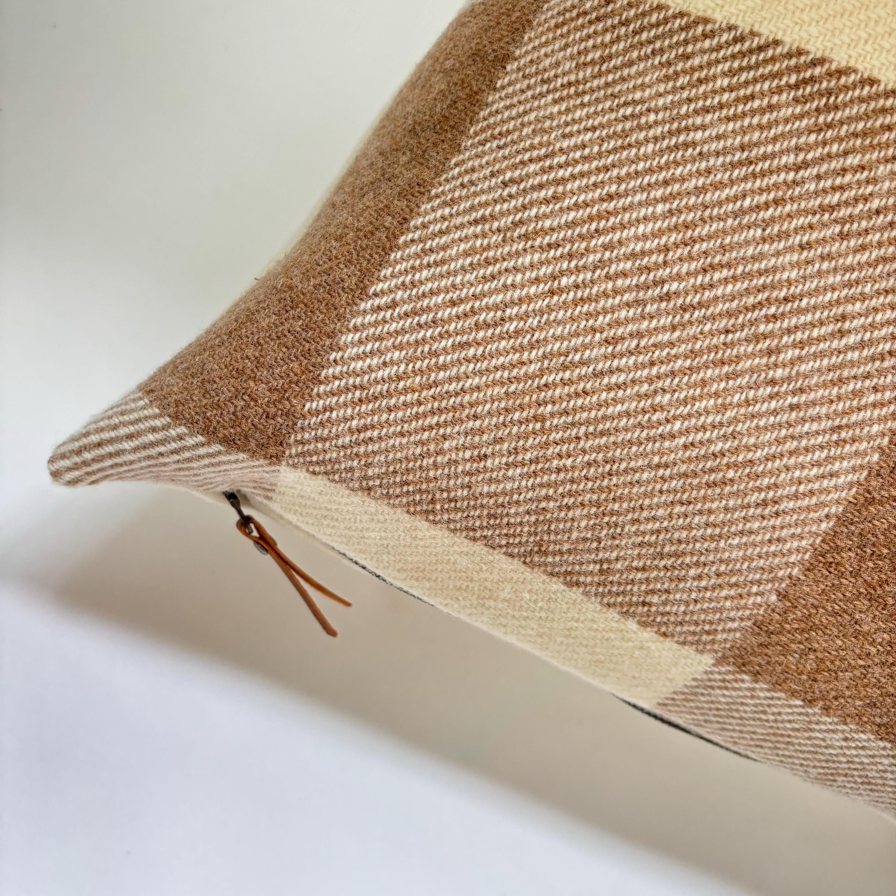 Tan and cream plaid wool Pillow Cover with Leather Pull housewarming gift