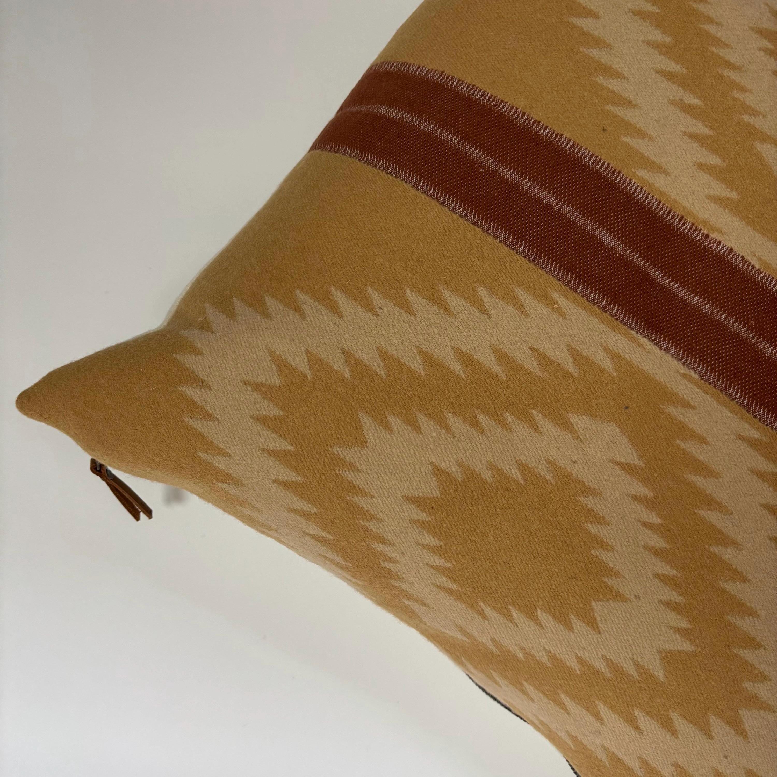 Wool Pillow Cover: Gold Aztec Southwestern Design, Leather Zipper Pull (18x18”)