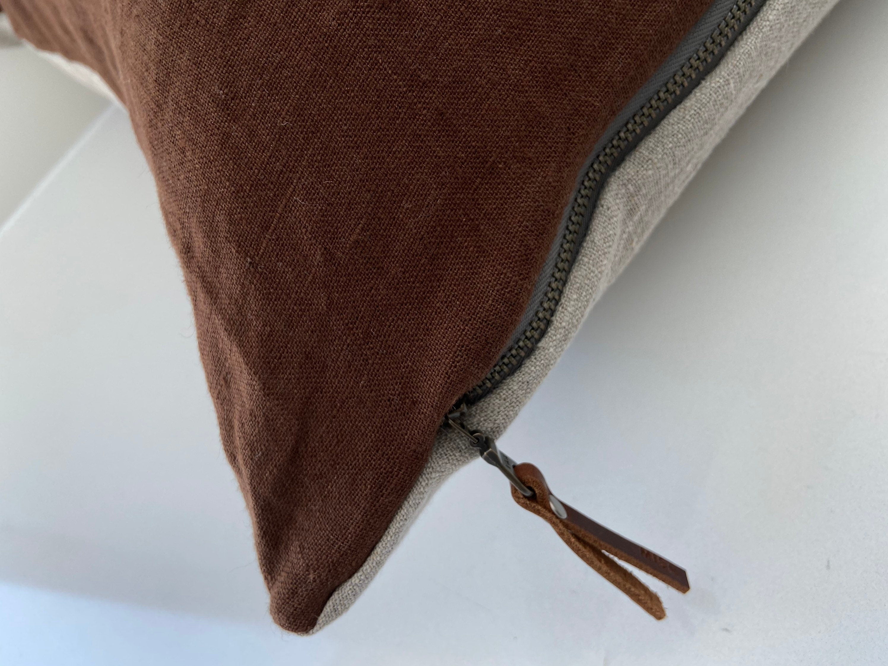 Linen pillow cover brown pillow with natural linen backing made with exposed zipper and leather pull 20” 22"24"14x24” housewarming gift