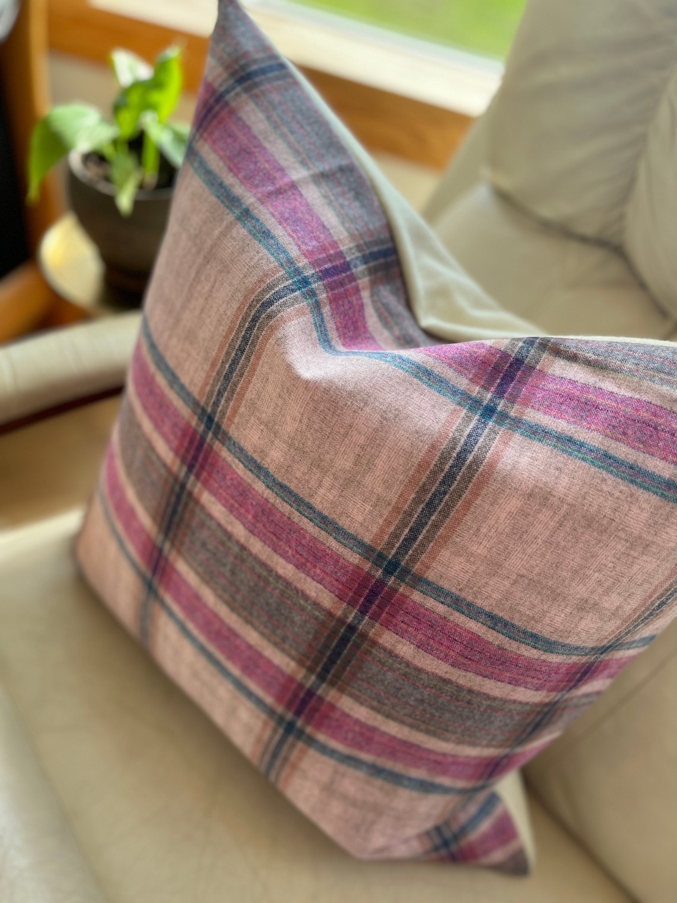 Pink blue plaid wool pillow cover exposed zipper-leather pull 20x20 14x24  made with Pendleton wool Handcrafted by misa housewarming gift