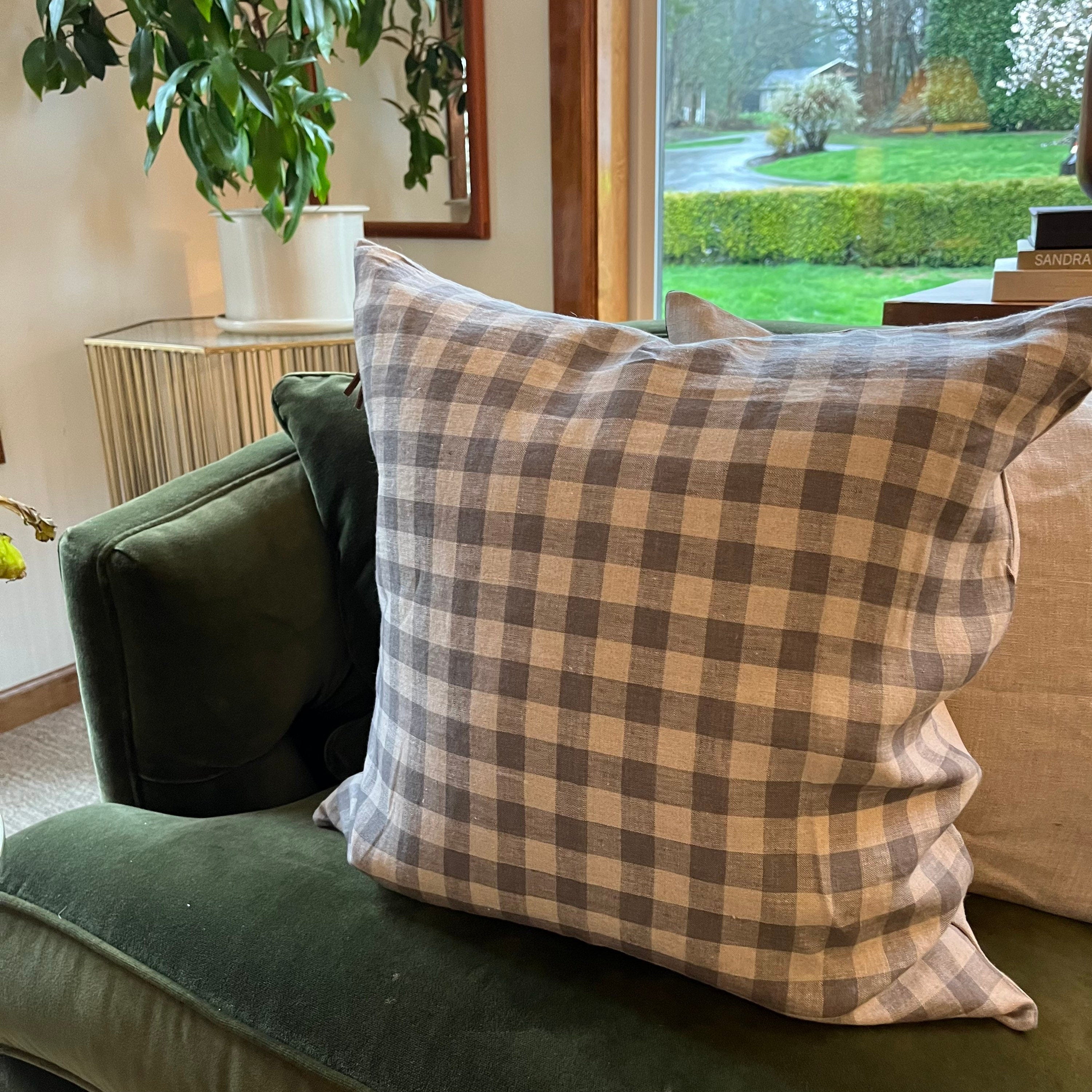 Gray linen gingham pillow exposed zipper checkered pillow leather pull 24x24” 22x22" 20x20” 14x24” 100% linen housewarming gift