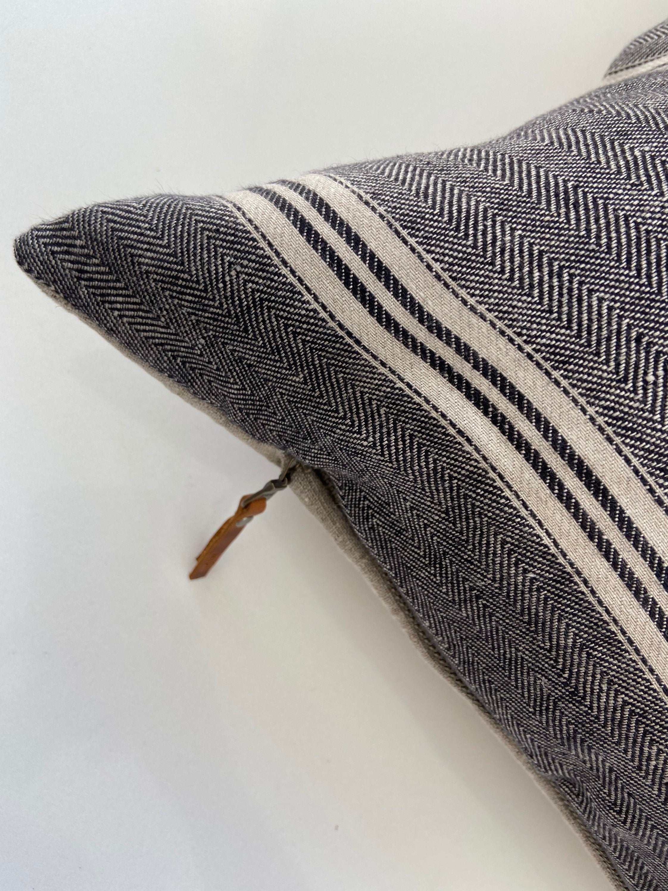 Black and Tan striped linen pillow cover 100% linen exposed zipper-leather pull 14x24 20x20 high quality housewarming gift