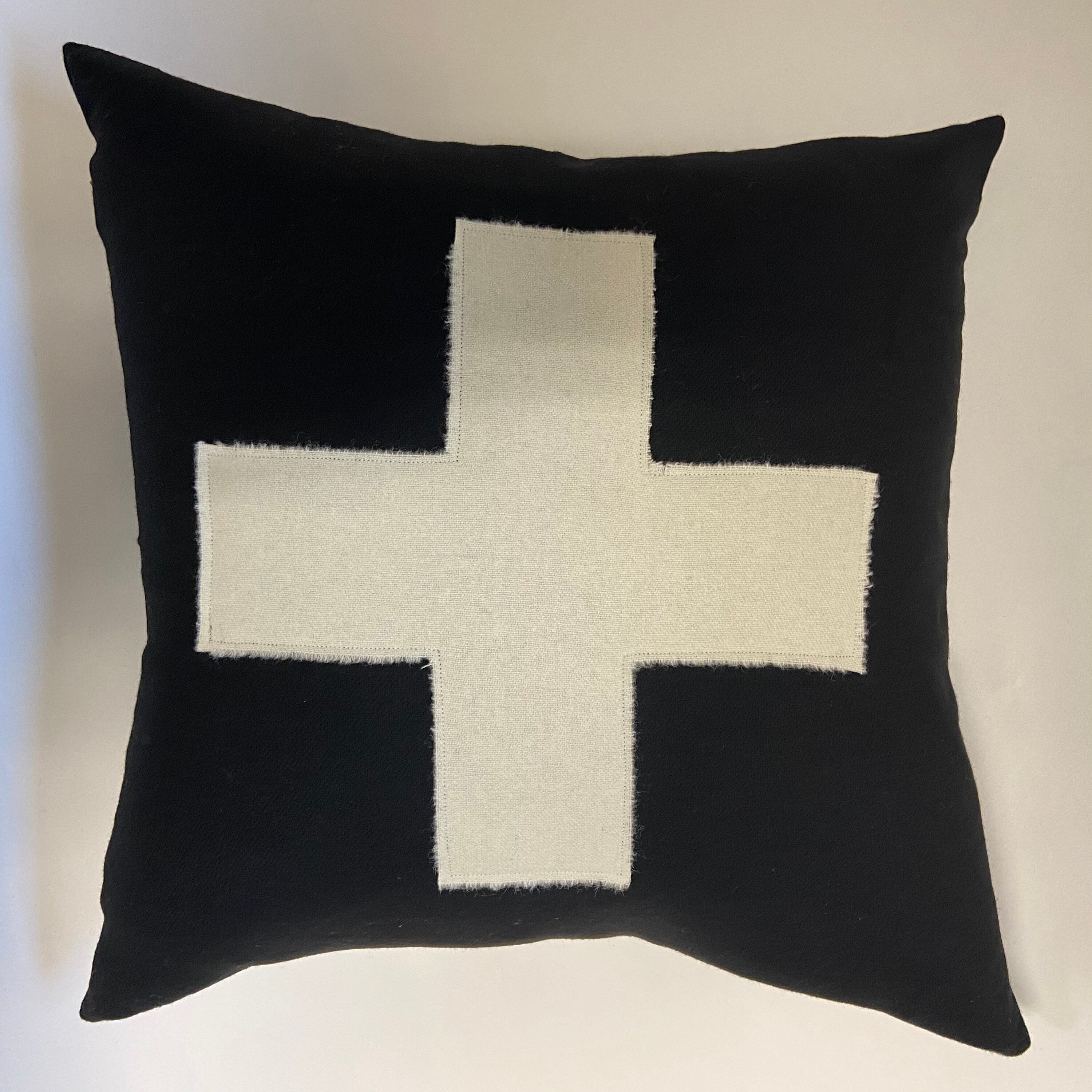 Swisscross pillow cover black with cream cross exposed zipper-leather pull 20x20 or 24x14 lumbar made with black wool