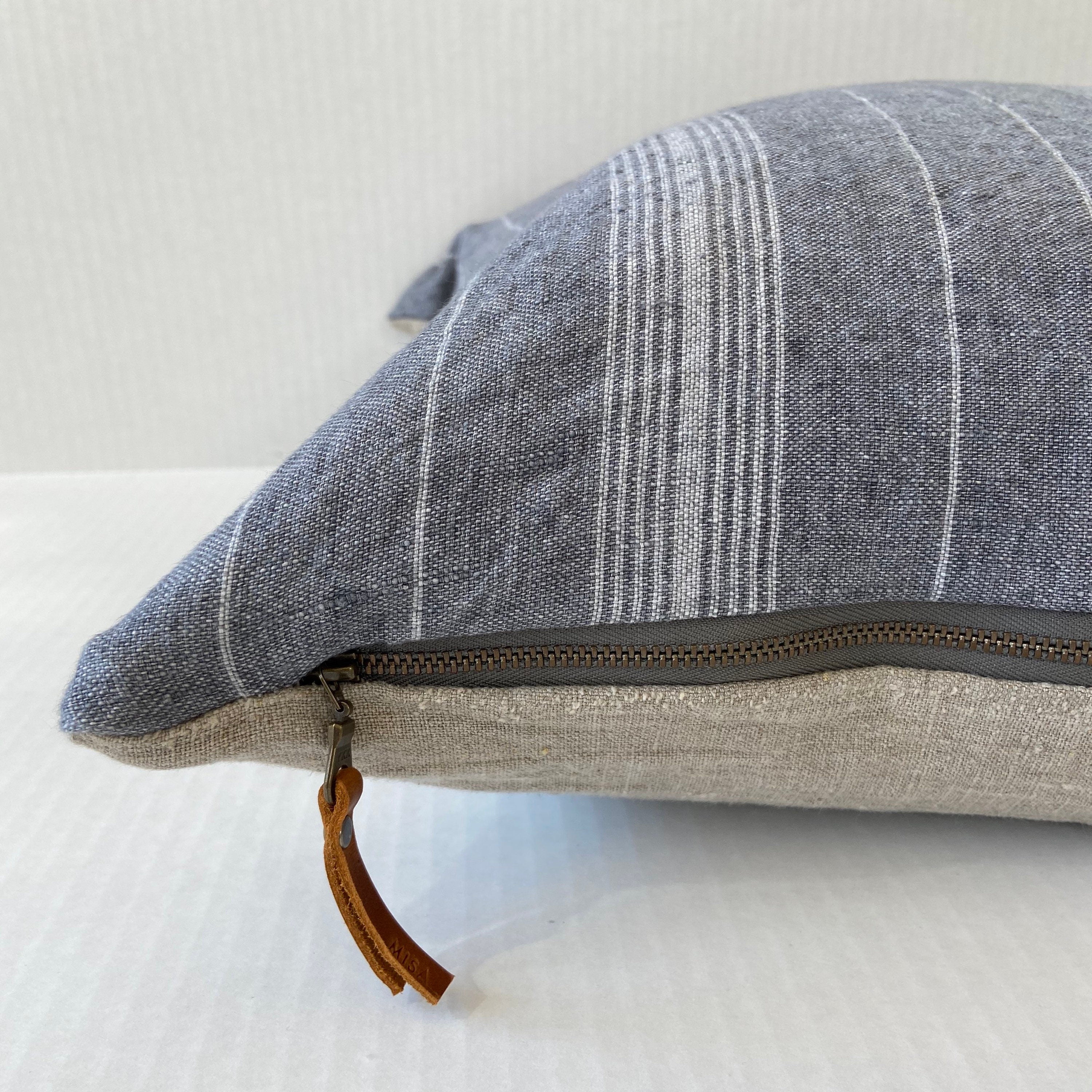 Gray blue striped linen pillow cover blue striped pillow exposed zipper-leather pull 14x24 22"2024" high quality housewarming gift