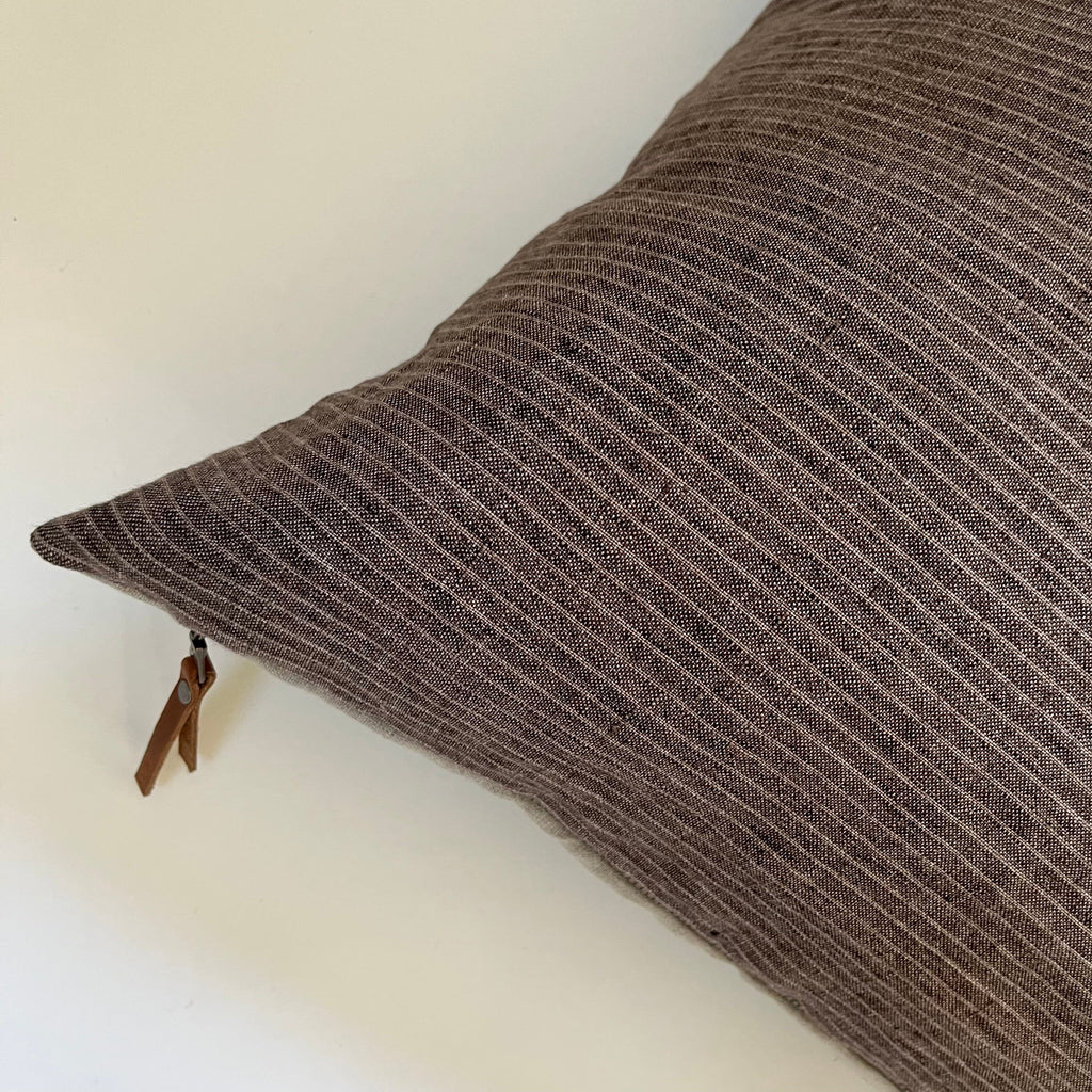 Brown striped linen pillow cover exposed zipper-leather pull 14x24 20x20 22x22 24x24high quality great texture 100% linen housewarming gift