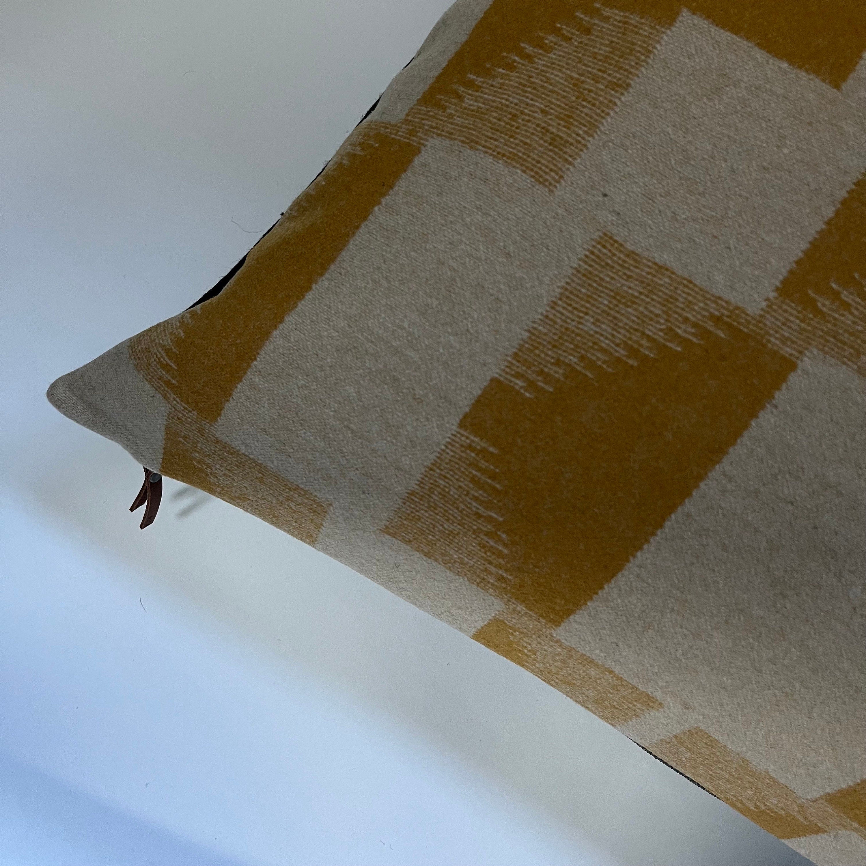 gold and tan wool pillow cover exposed zipper-leather pull 24x24 22x22" 20x20 14x24 handmade with housewarming gift