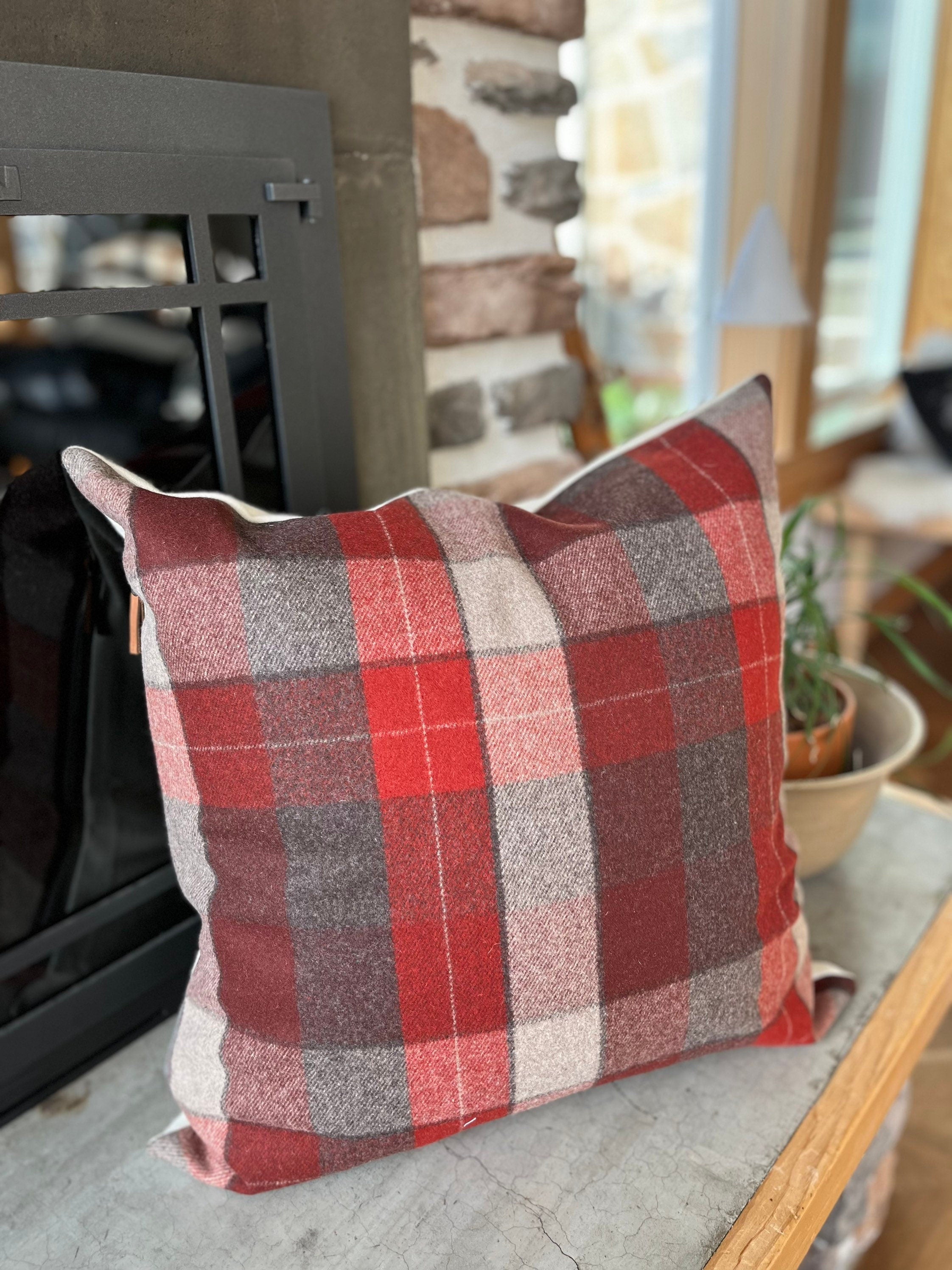 wool pillow cover orange Rust and gray exposed zipper-leather pull 20x20 14x24 handmade Handcrafted by misa