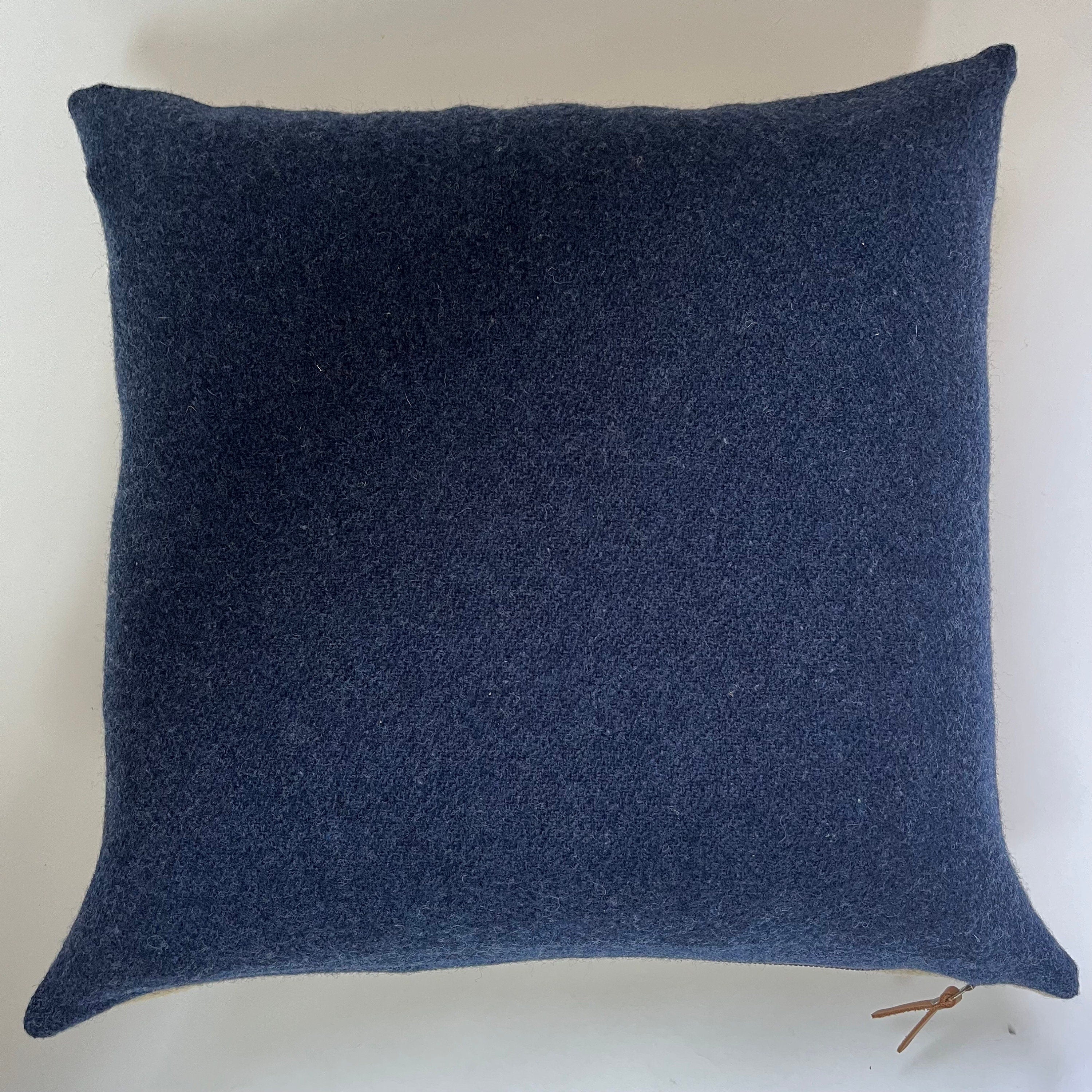 Cream wool pillow with blue stripe 18x18 exposed zipper pillow housewarming gift