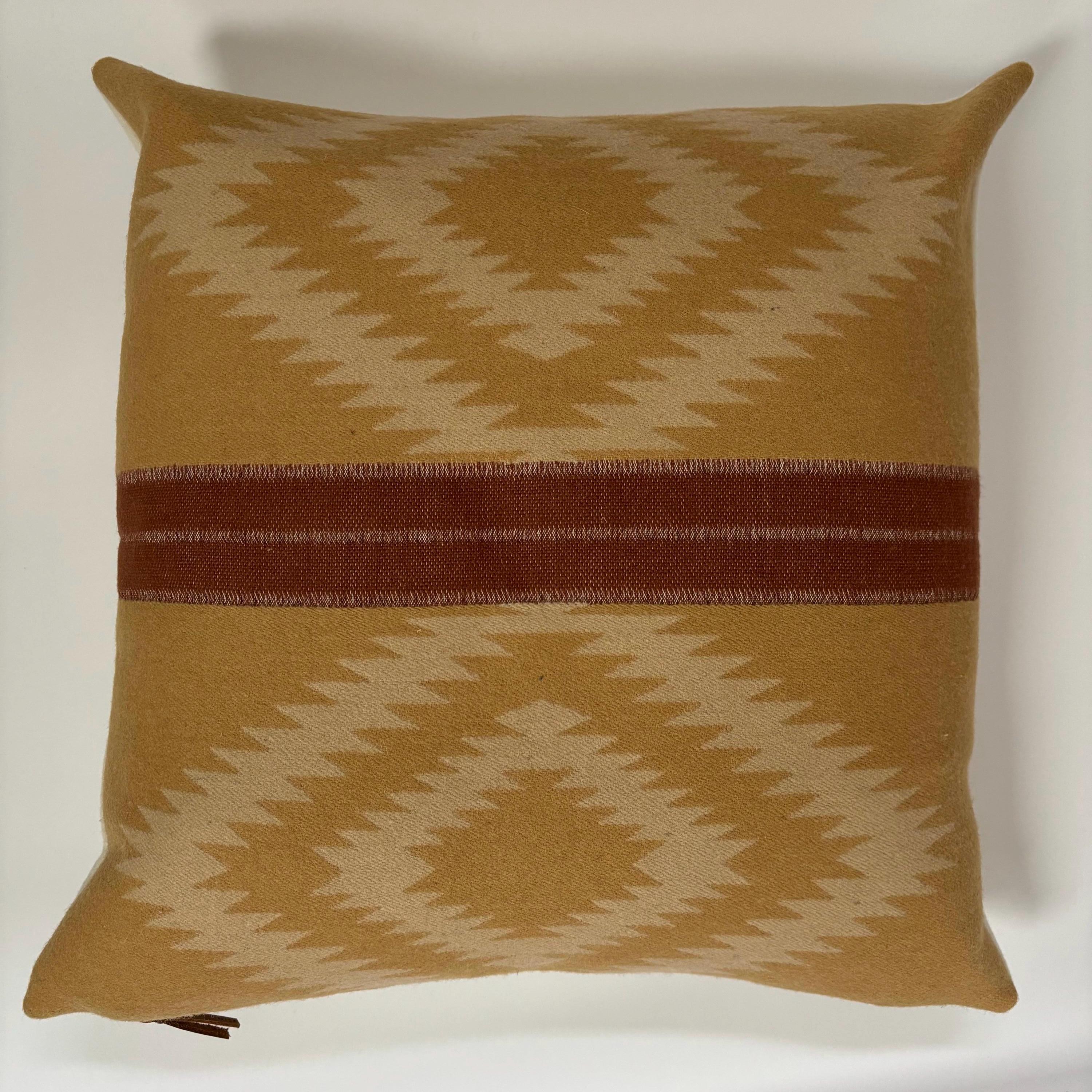 Wool Pillow Cover: Gold Aztec Southwestern Design, Leather Zipper Pull (18x18”)