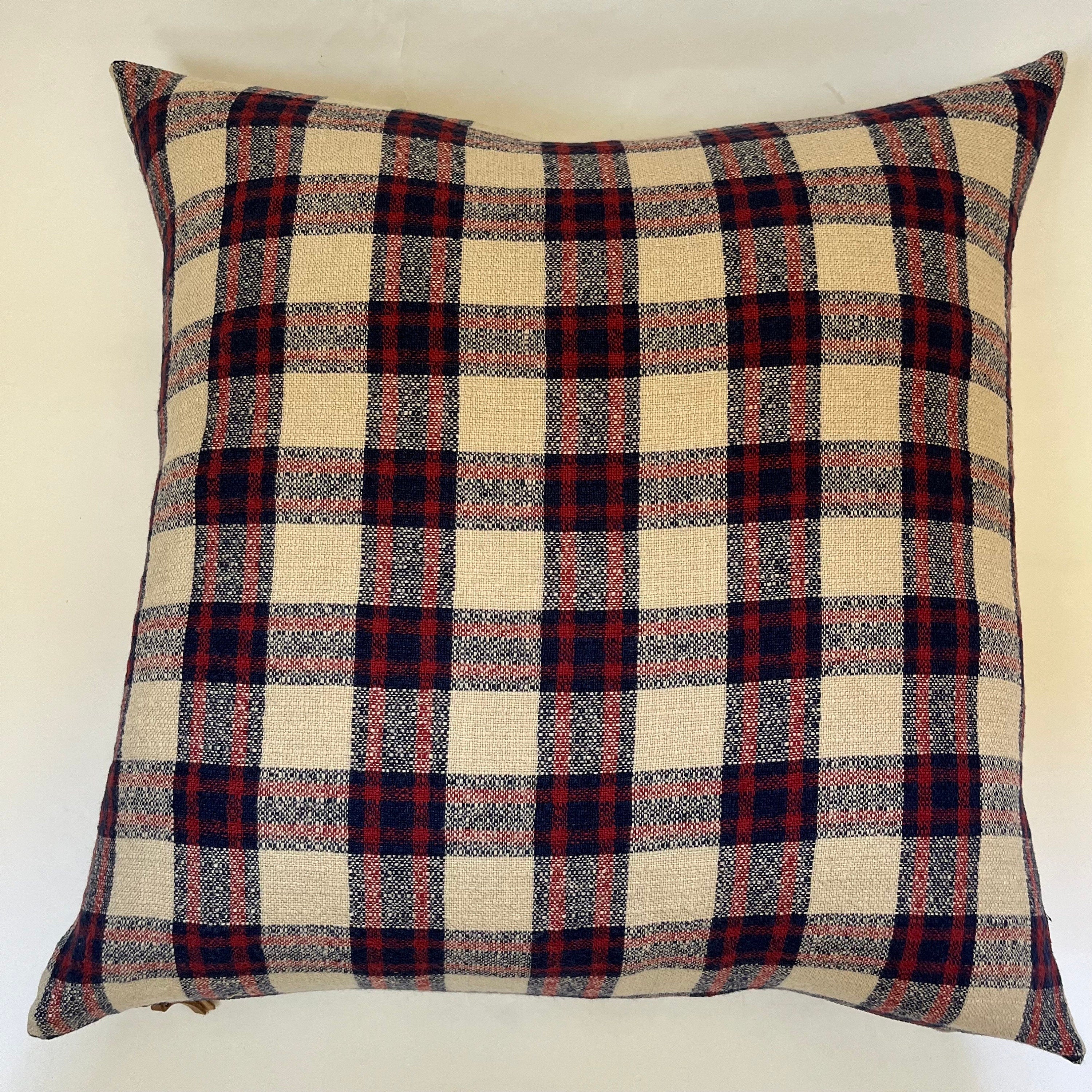 Plaid Linen Pillow Cover: Red, Blue, Cream Windowpane, Exposed Zipper