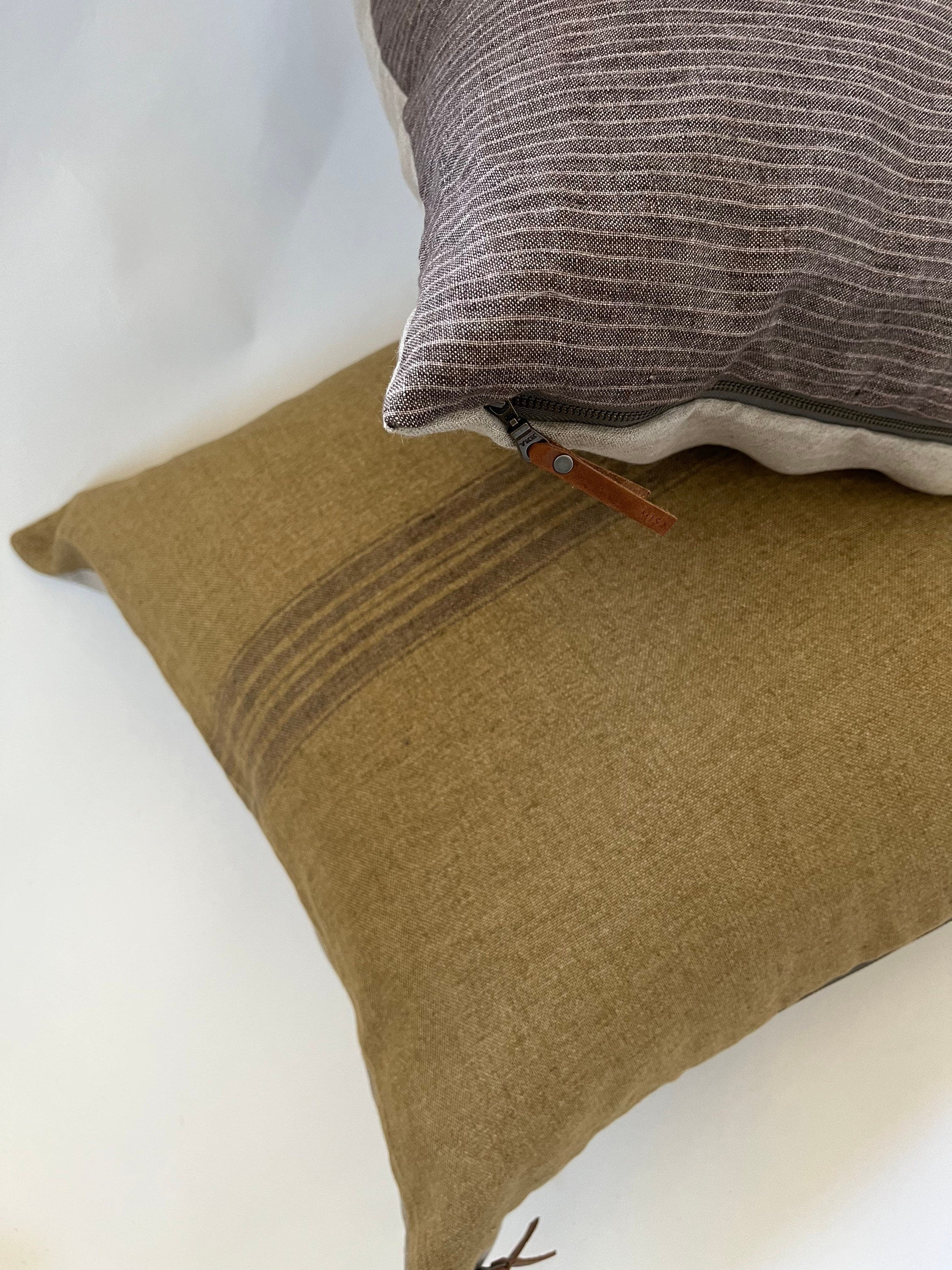Gold with brown striped linen pillow cover 100% linen pillow exposed zipper-leather pull 14x24 20x20 high quality housewarming gift