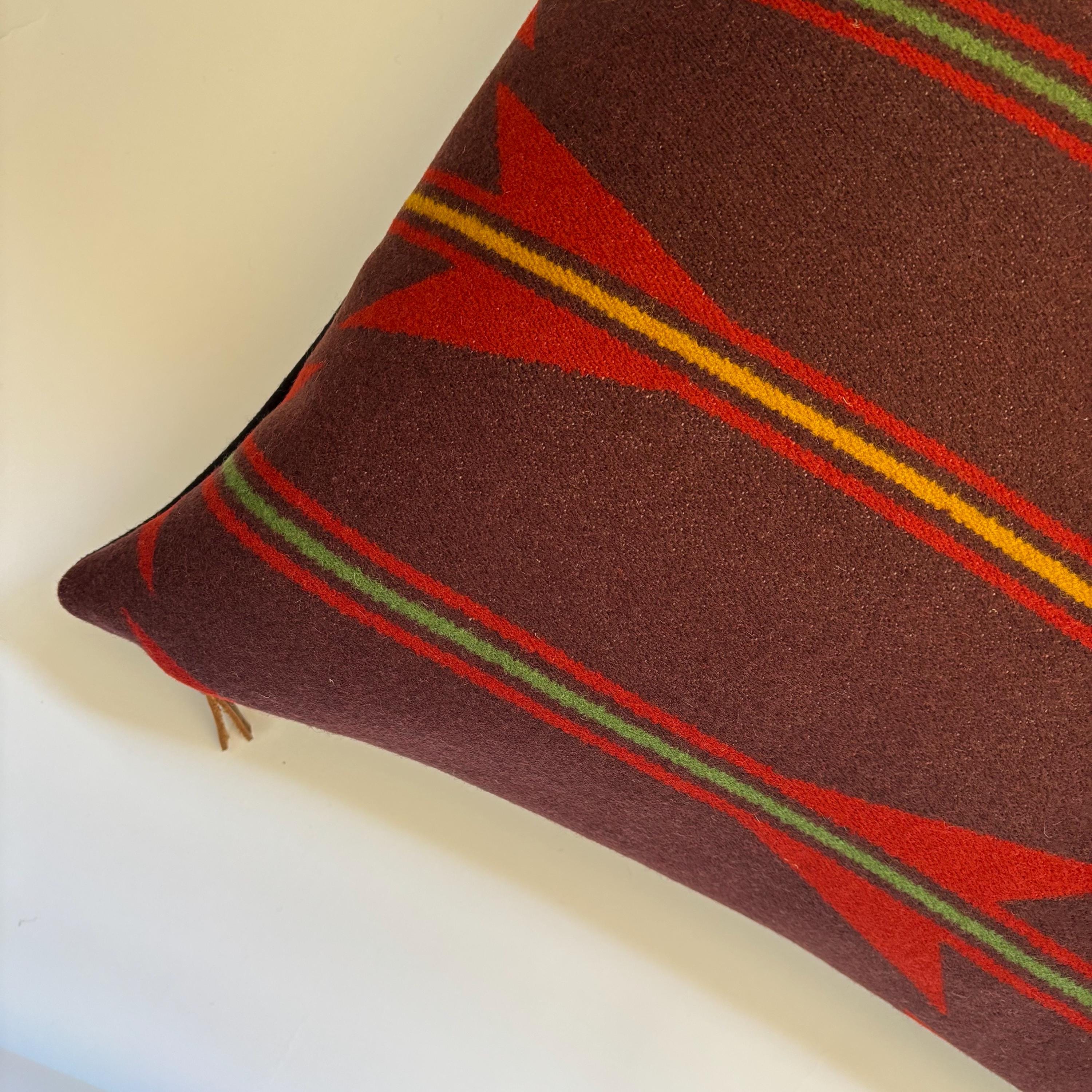 Maroon Striped wool throw Pillow with Leather Pull