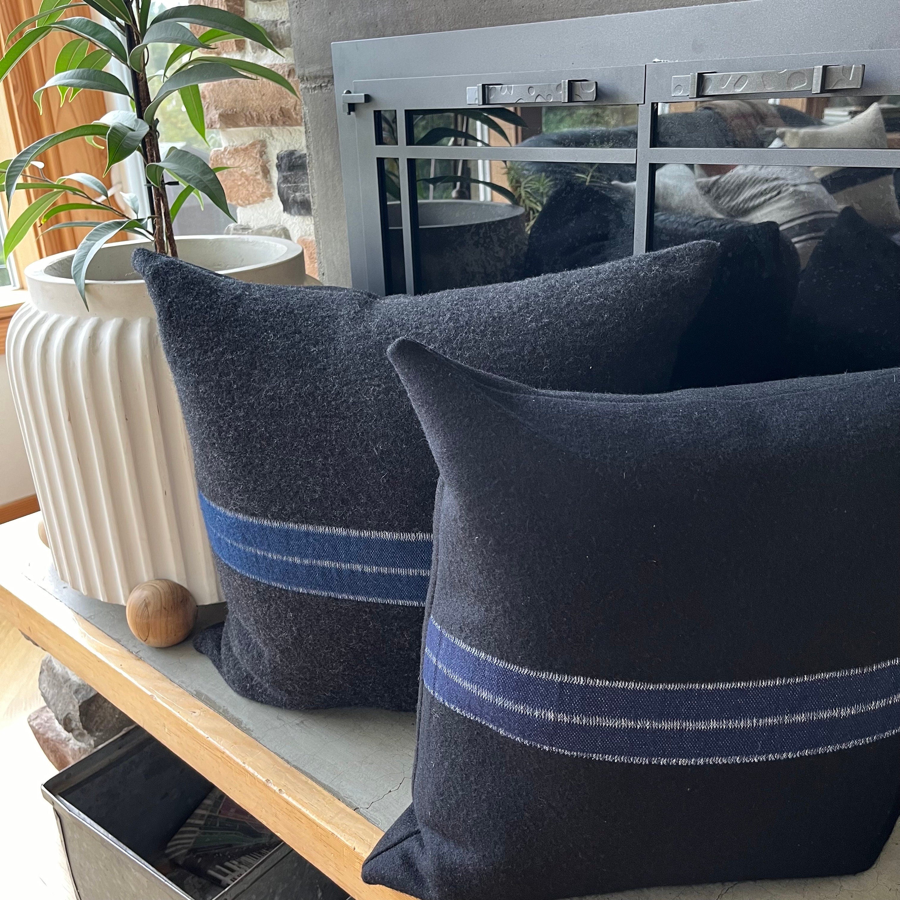 Gray wool pillow with blue stripe dark gray pillow 18x18  exposed zipper pillow housewarming gift