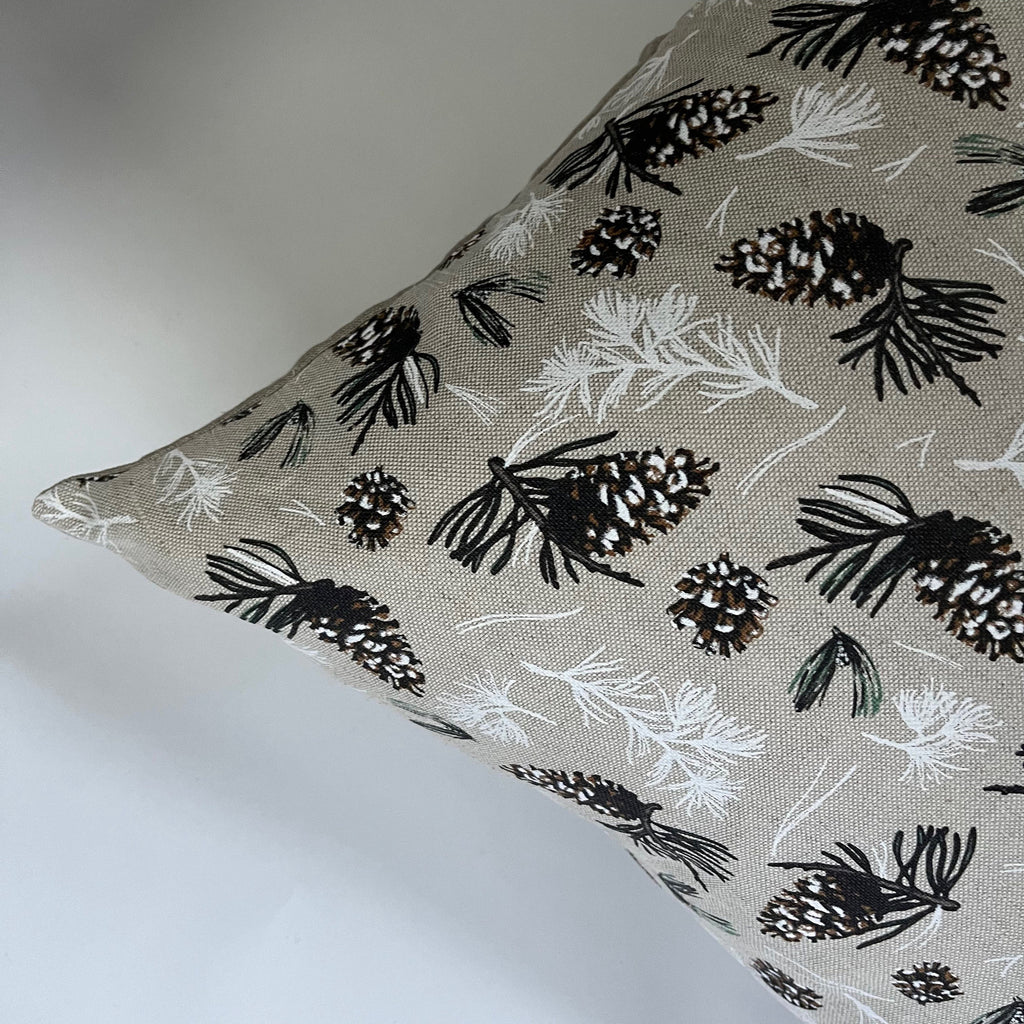 Christmas pillow pine cone winter  linen pillow cover exposed zipper-leather pull  14x24 20x20 forest scene housewarming gift