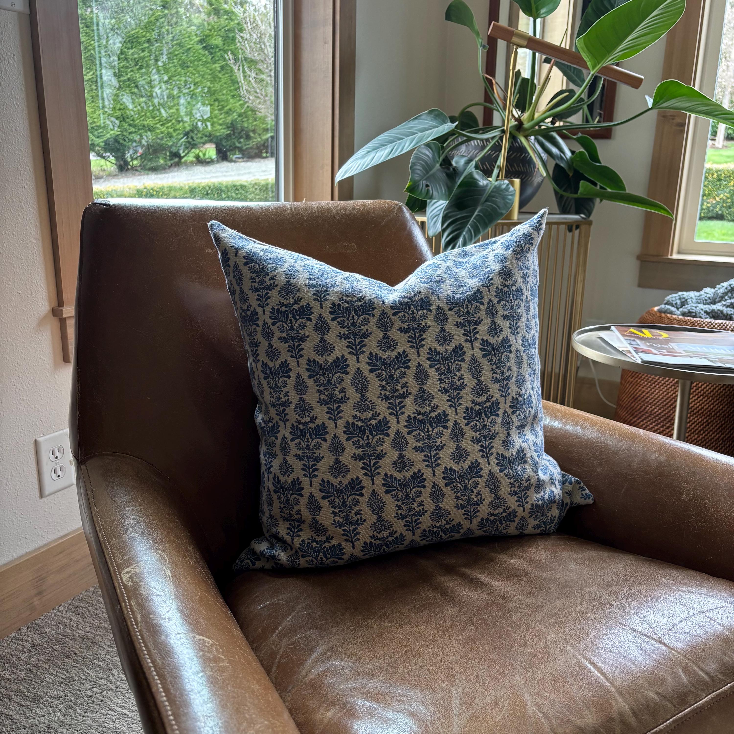 Blue Floral Linen Pillow Cover: Exposed Zipper, Leather Pull