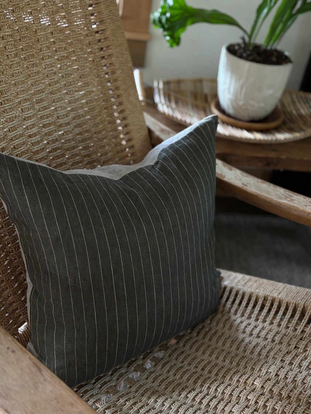Striped Linen Pillow Cover: Green and tan with Leather Zipper Pull housewarming gift 18”20”22”24” 100 percent linen