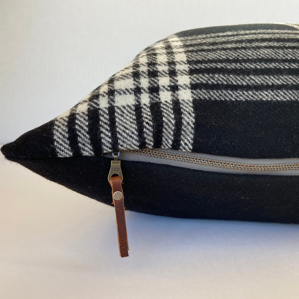 Black and white plaid wool pillow cover exposed zipper-leather pull 24x24 22x22 20x20 14x24 handmade