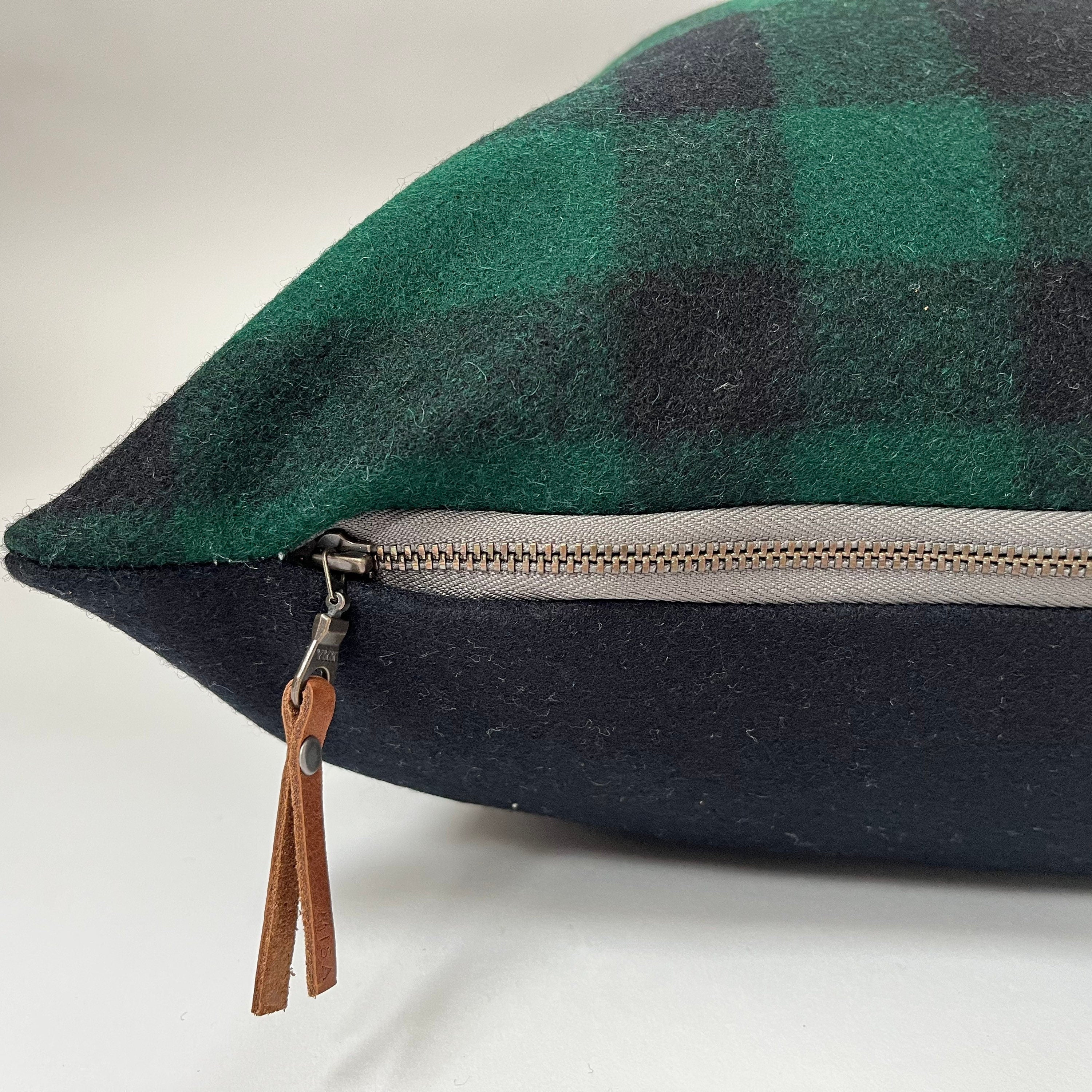 Green and Black buffalo plaid wool pillow cover exposed zipper-leather pull  20"22"24" 14x24 handmade Handcrafted by misa