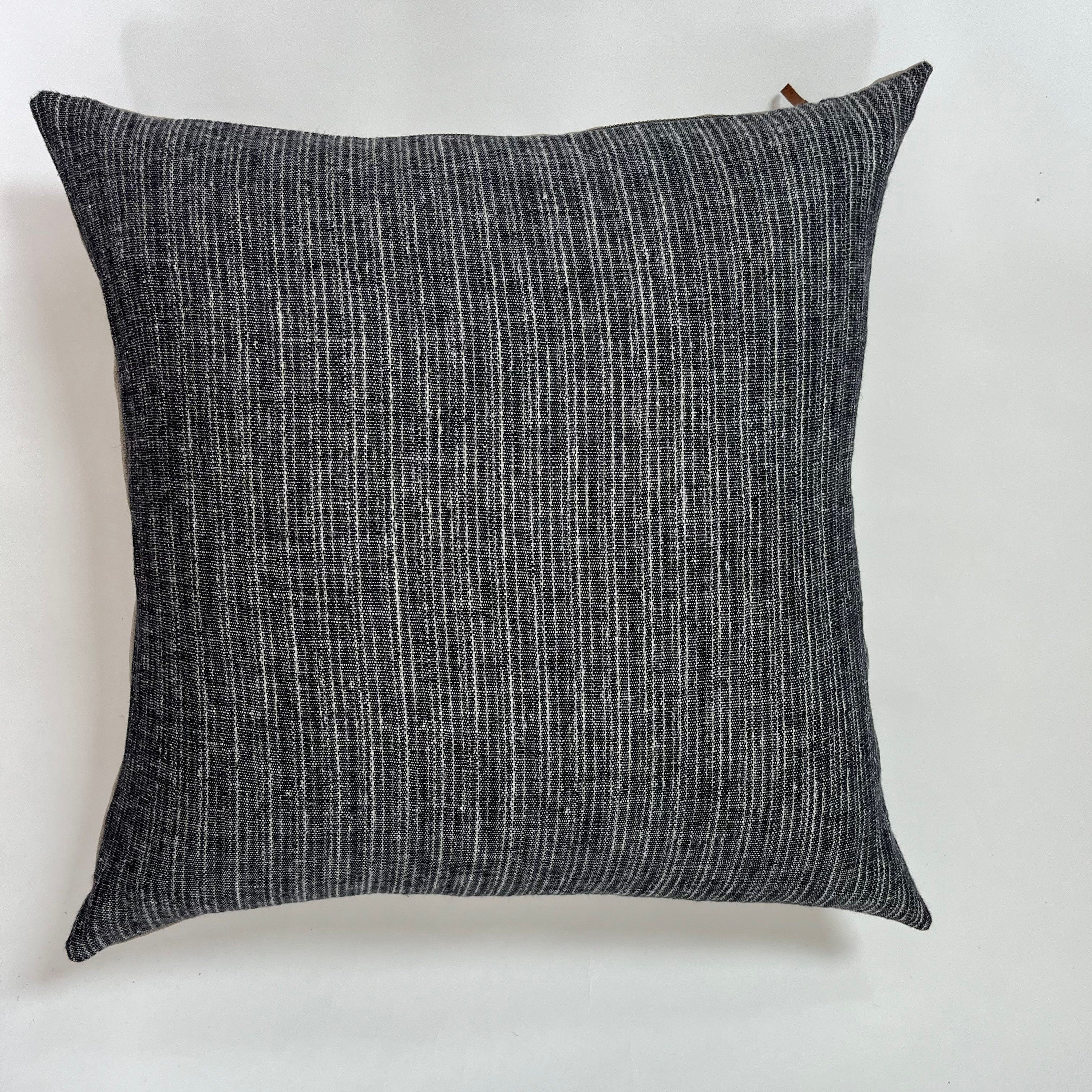 Blue striped linen pillow cover with a natural linen backing exposed zipper-leather pull 20”22"24”14x24”  100% linen housewarming gift