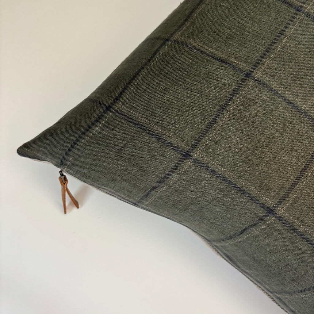Plaid Linen Pillow Cover: Green and dark checked with Leather Zipper Pull housewarming gift 18”20”22”24” 100 percent linen