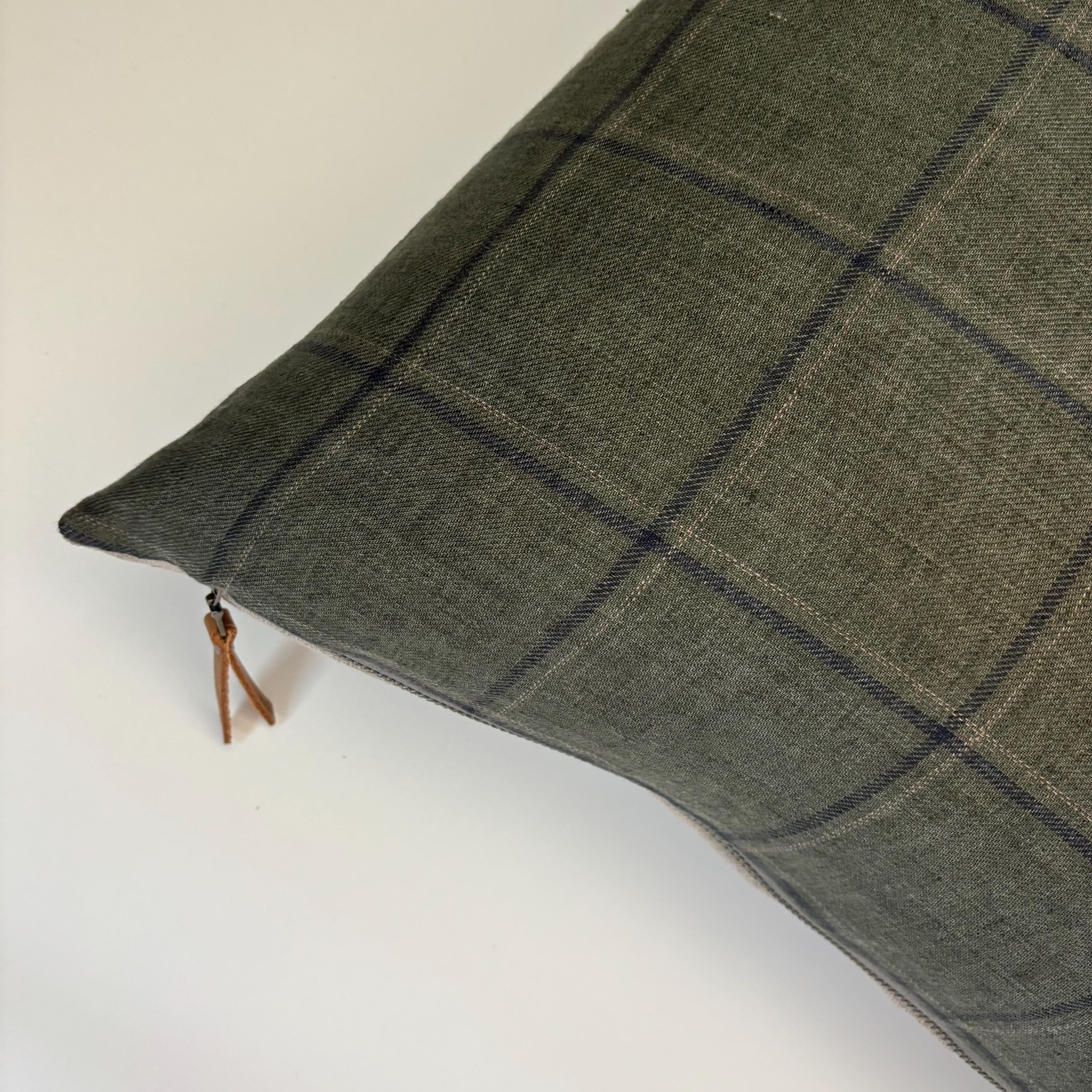 Plaid Linen Pillow Cover: Green and dark checked with Leather Zipper Pull housewarming gift 18”20”22”24” 100 percent linen