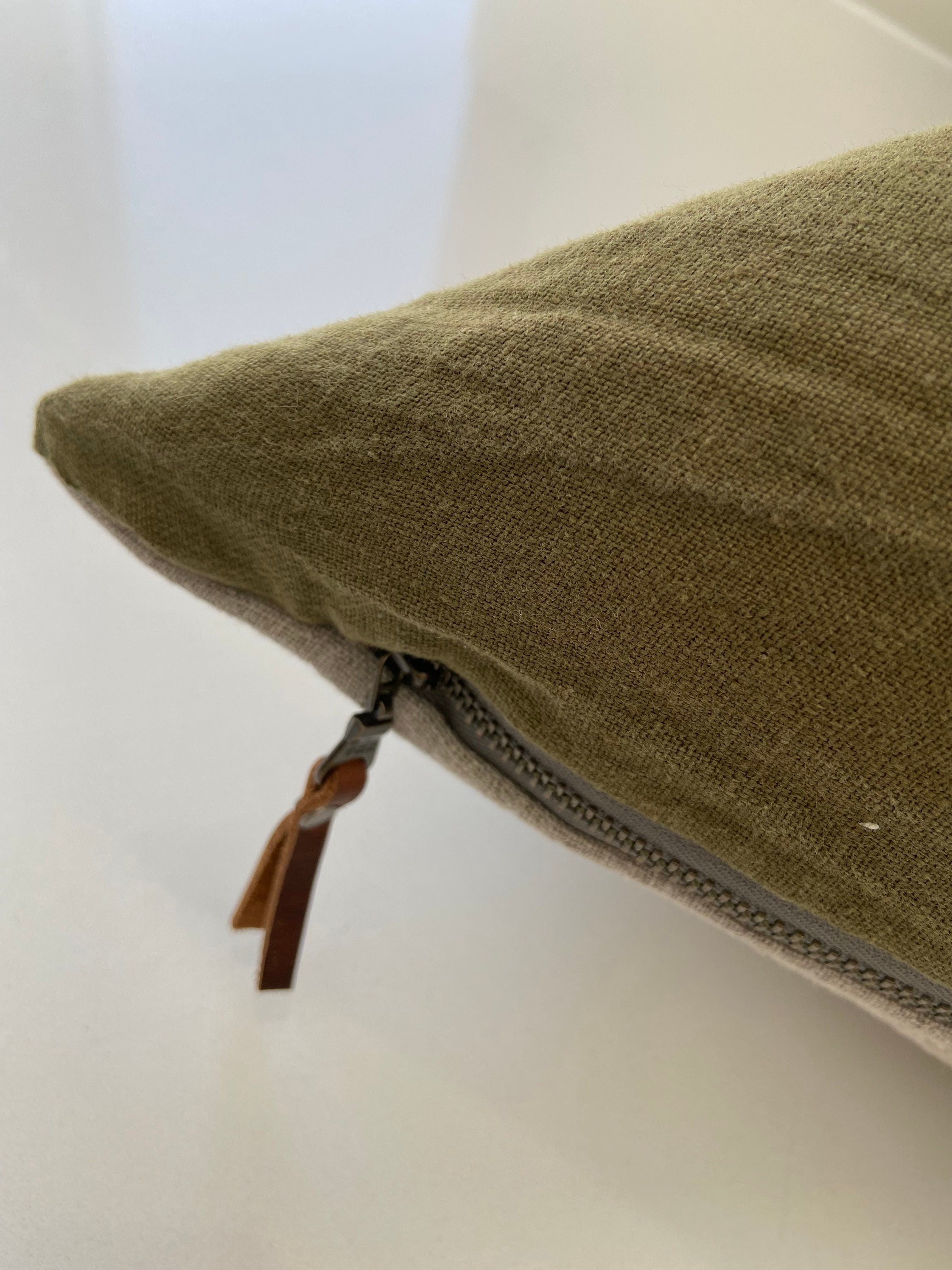 Luxury olive green linen pillow cover with neutral linen backing | exposed zipper-leather pull 20"22"24" 14x24 handcrafted by misa