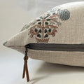 Blue Floral Linen Pillow Cover: Exposed Zipper, Leather Pull