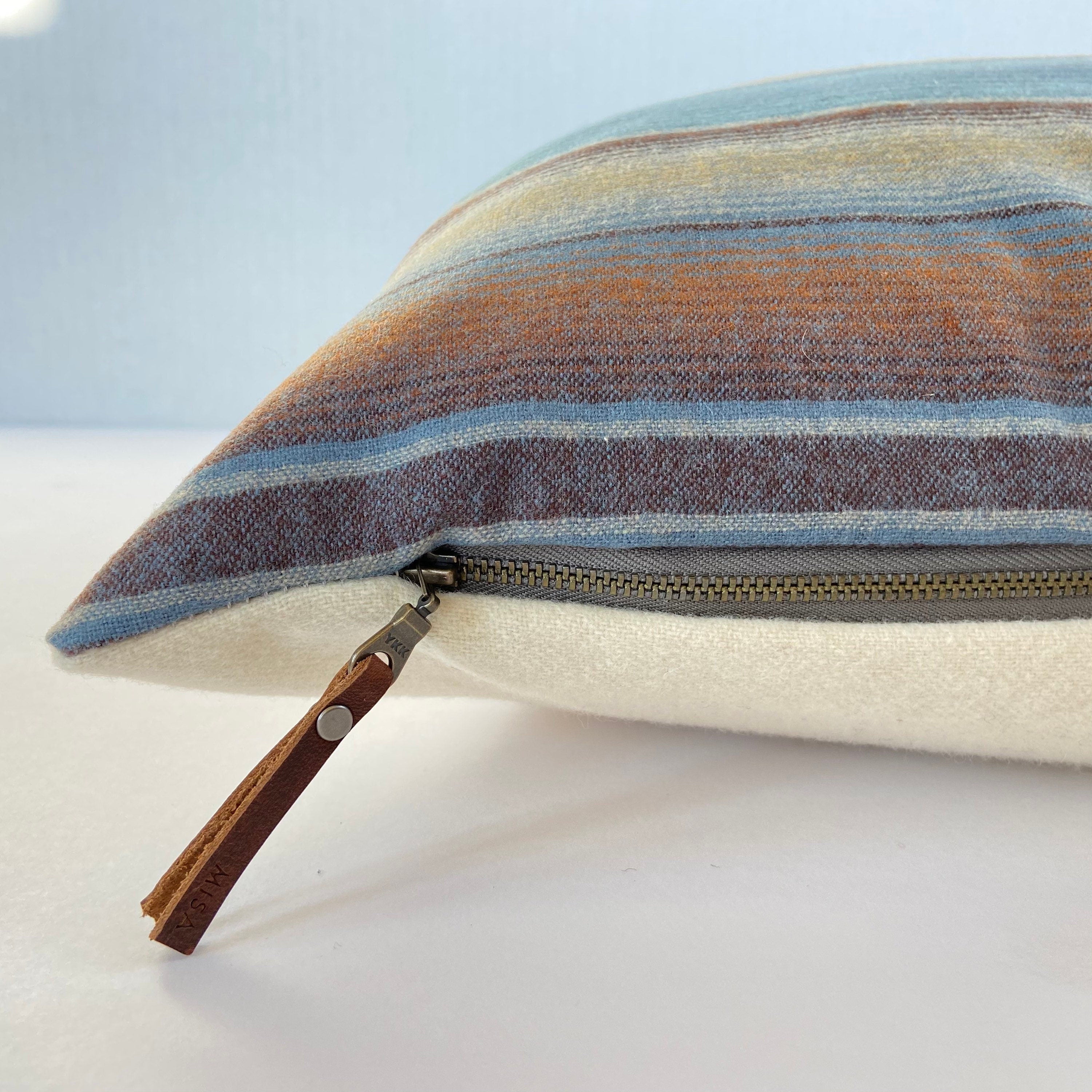 Striped wool pillow cover blues browns handmade with exposed zipper-leather pull 20x20 14x24 Handcrafted by misa