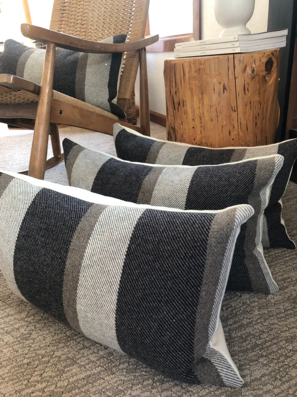 striped wool brown gray tan striped wool pillow cover exposed zipper-leather pull 14x24" 20"22"24" handcrafted by misa