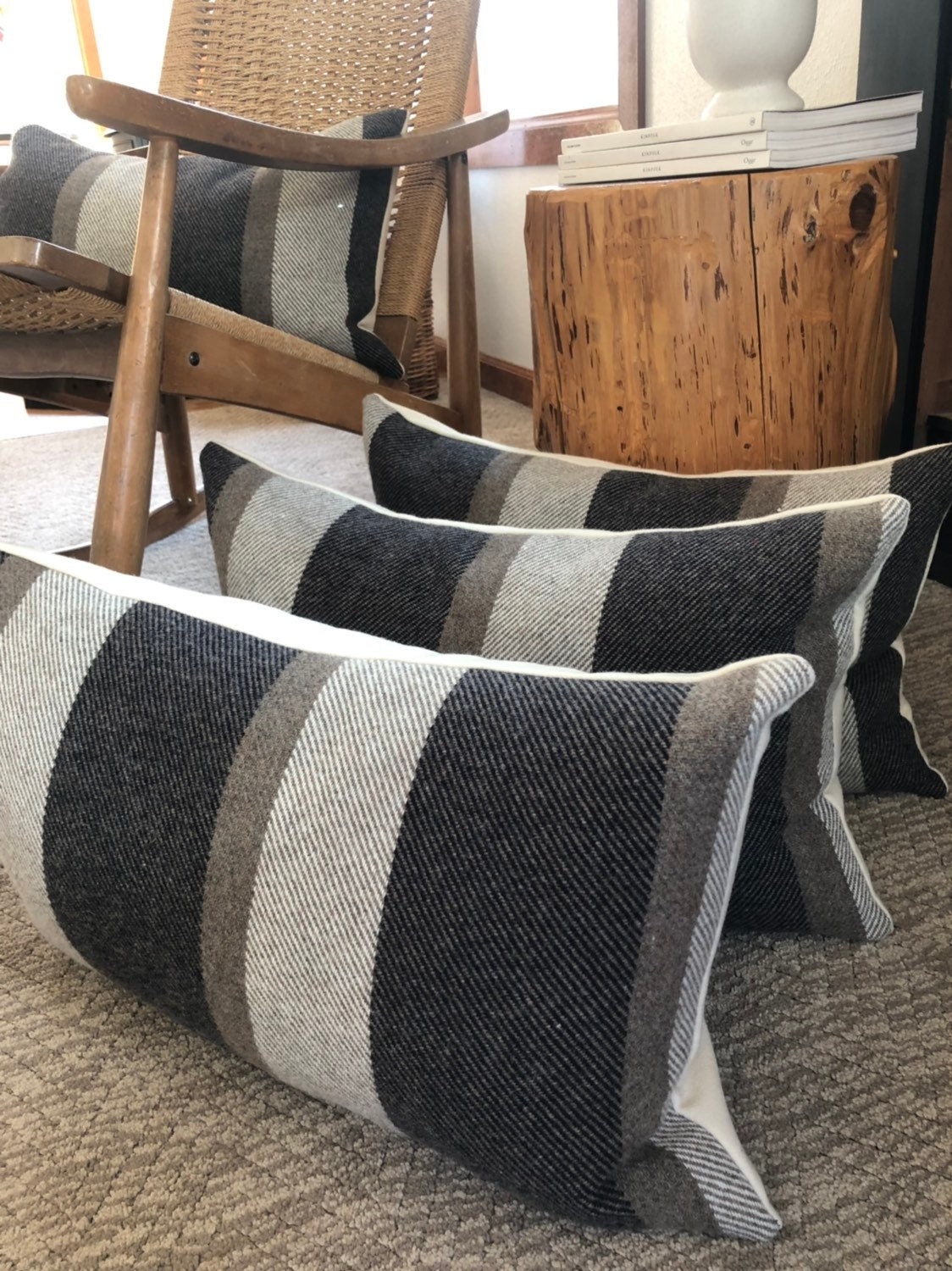 striped wool brown gray tan striped wool pillow cover exposed zipper-leather pull 14x24" 20"22"24" handcrafted by misa