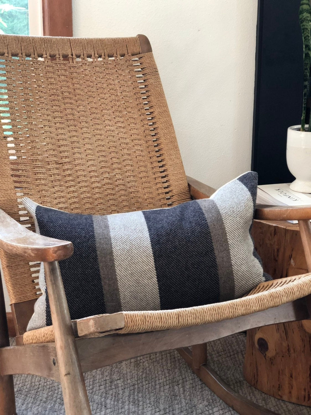 striped wool brown gray tan striped wool pillow cover exposed zipper-leather pull 14x24" 20"22"24" handcrafted by misa