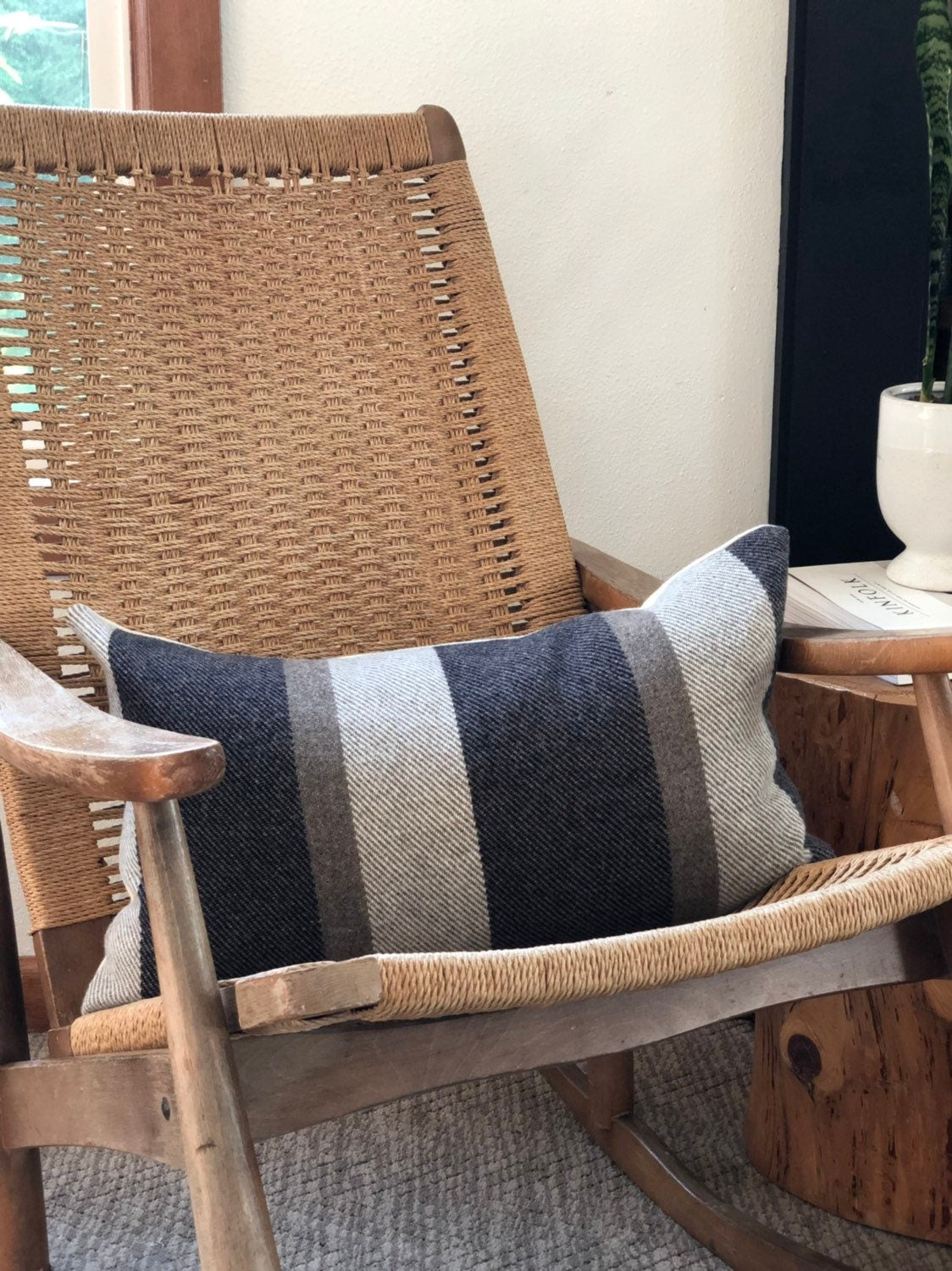 striped wool brown gray tan striped wool pillow cover exposed zipper-leather pull 14x24" 20"22"24" handcrafted by misa